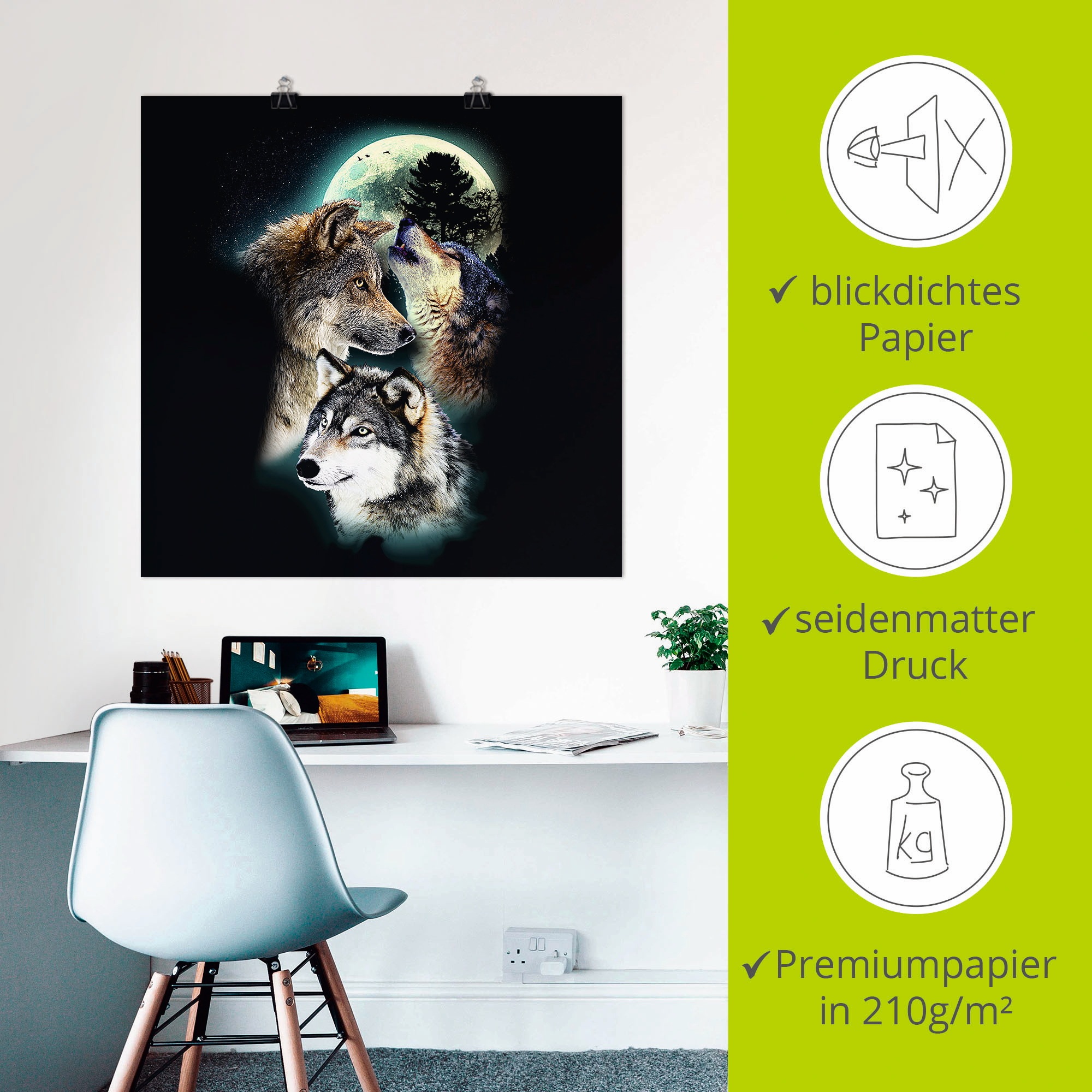 Artland Wandbild »Phantasie Wolf Wölfe mit Mond«, Wildtiere, (1 St.), als Leinwandbild, Poster, Wandaufkleber in verschied. Größen