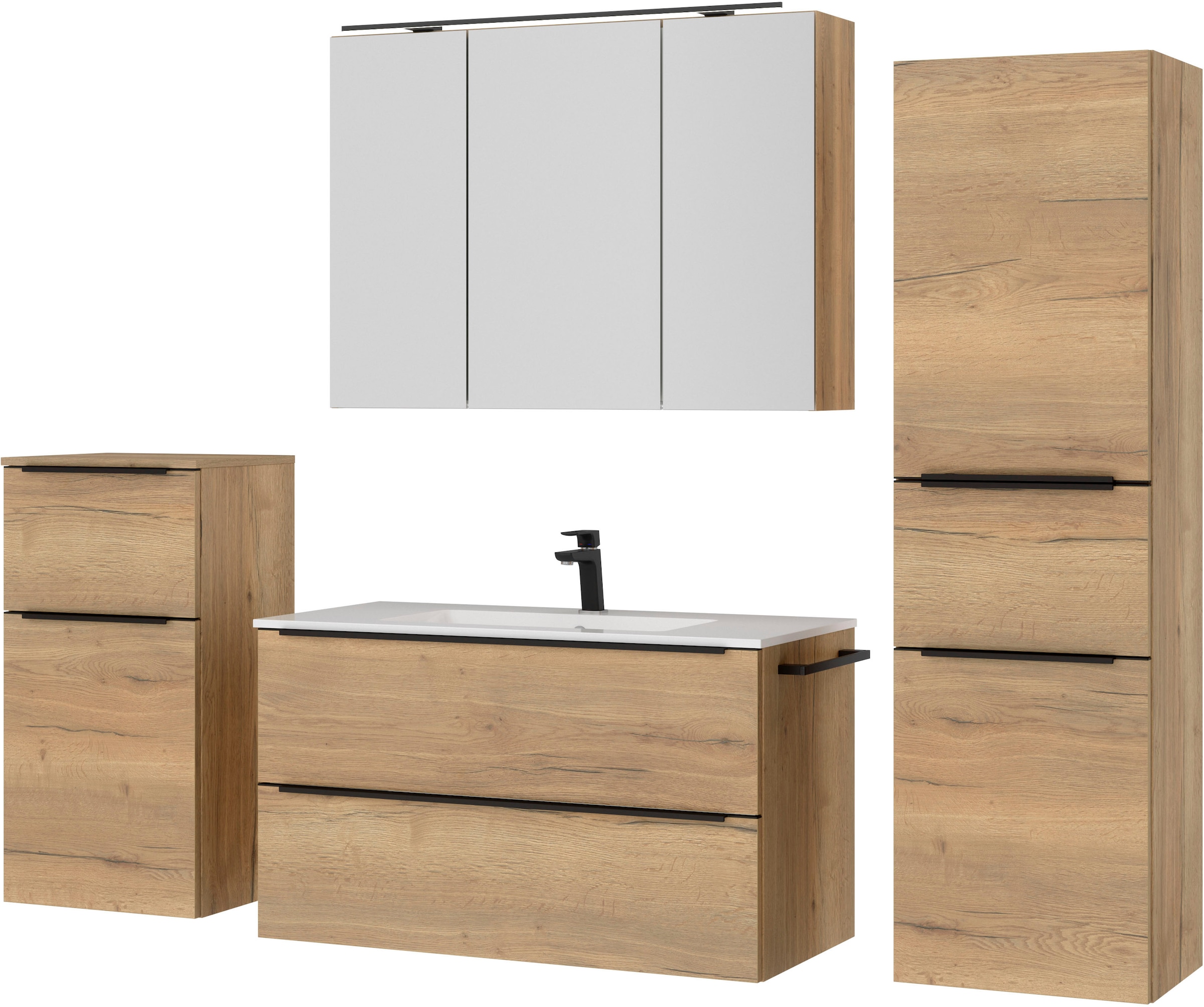 nobilia® Badmöbel-Set »Levere«, (4 St., vormontiert, mit Soft-Close), inkl. Spiegelschrank mit Beleuchtung und Dimmerfunktion, in 4 Breiten