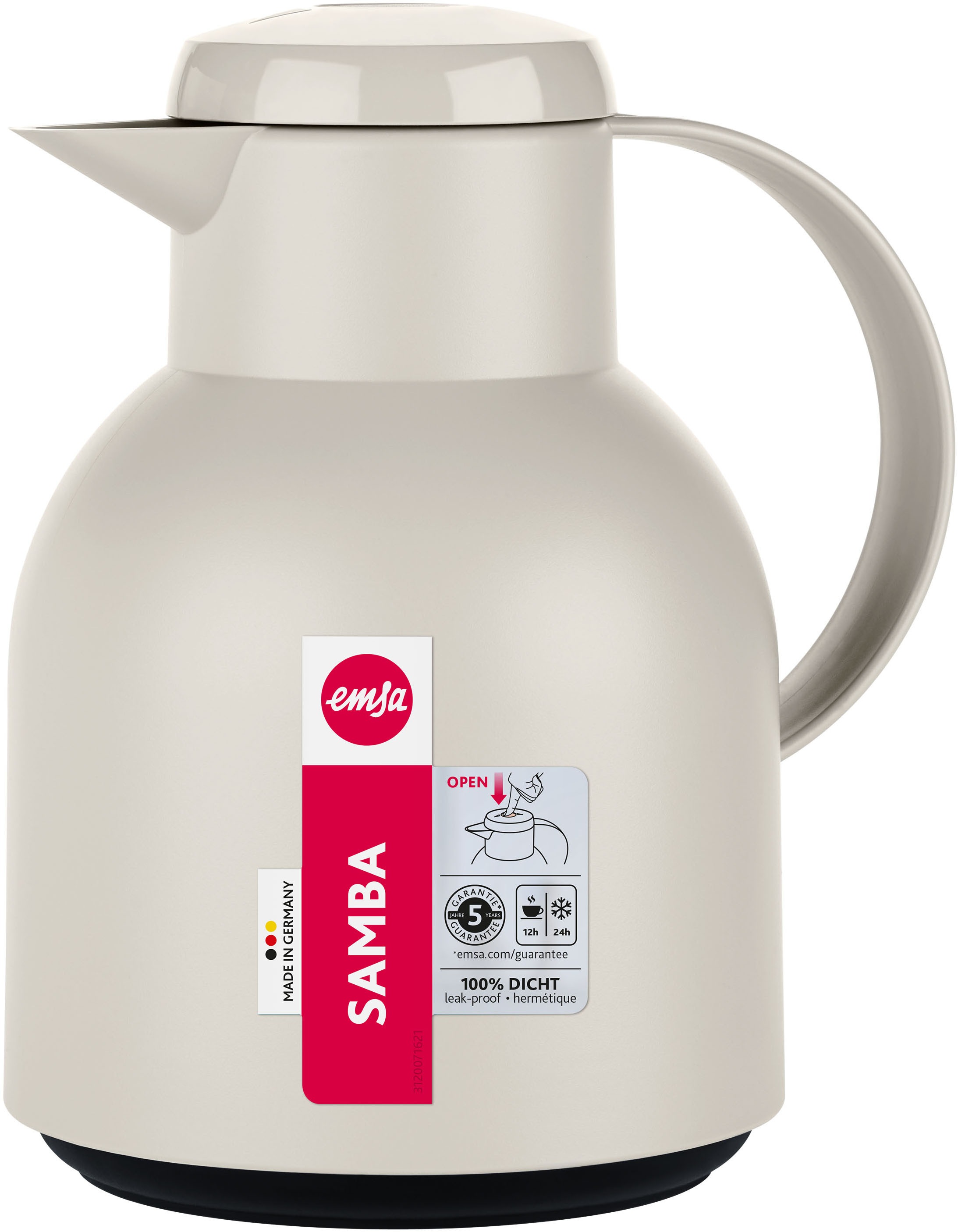 Emsa Isolierkanne »Samba«, 1 l, zeitloses Design, einfacher Knopfdruck, 24h kalt, 12h warm