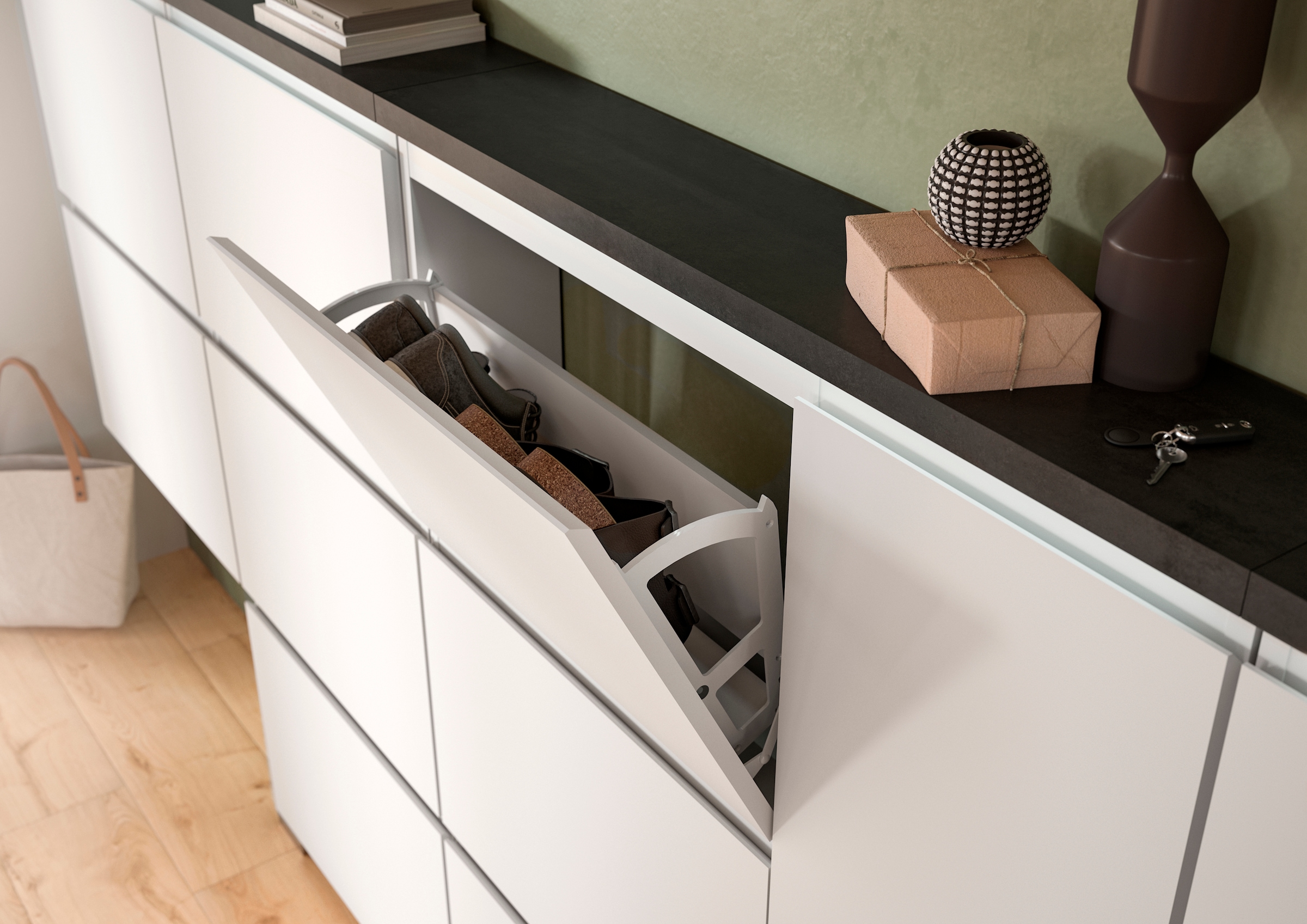 INOSIGN Schuhschrank »Skoskap, Tiefe 18cm, 2 Klappen mit Schuhwalze, Platz für 6 Schuhpaare«, hängend und stehend montierbar, Schuhkipper, Schuhkommode, Schuhregal