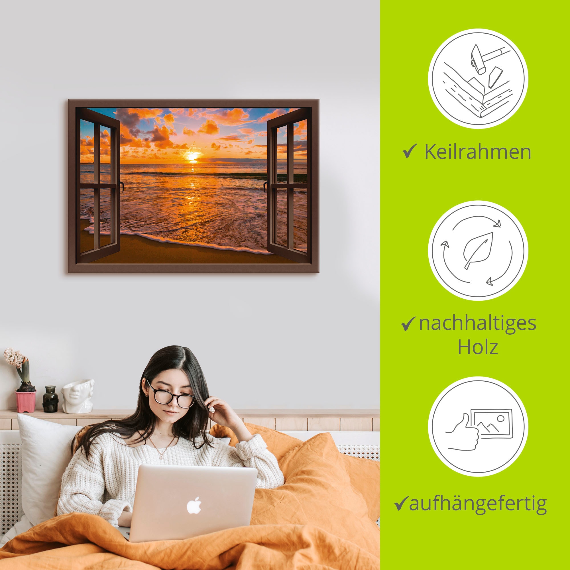Artland Wandbild »Fensterblick Sonnenuntergang am Strand«, Sonnenaufgang & -untergang, (1 St.), als Leinwandbild, Poster, Wandaufkleber in verschied. Größen