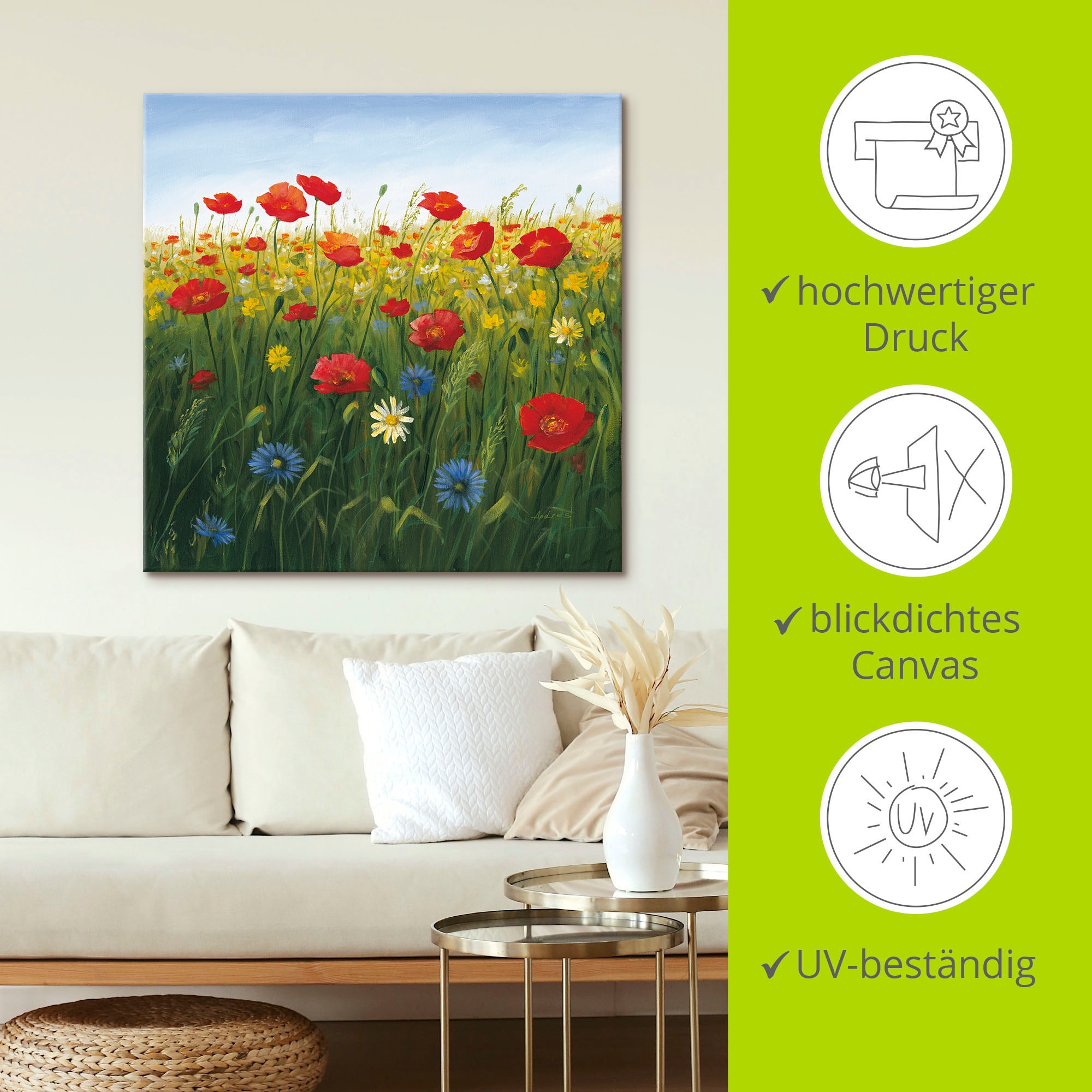 Artland Wandbild »Mohnblumen Landschaft I«, Blumenwiese, (1 St.), als Alubild, Outdoorbild, Leinwandbild, Poster in verschied. Größen