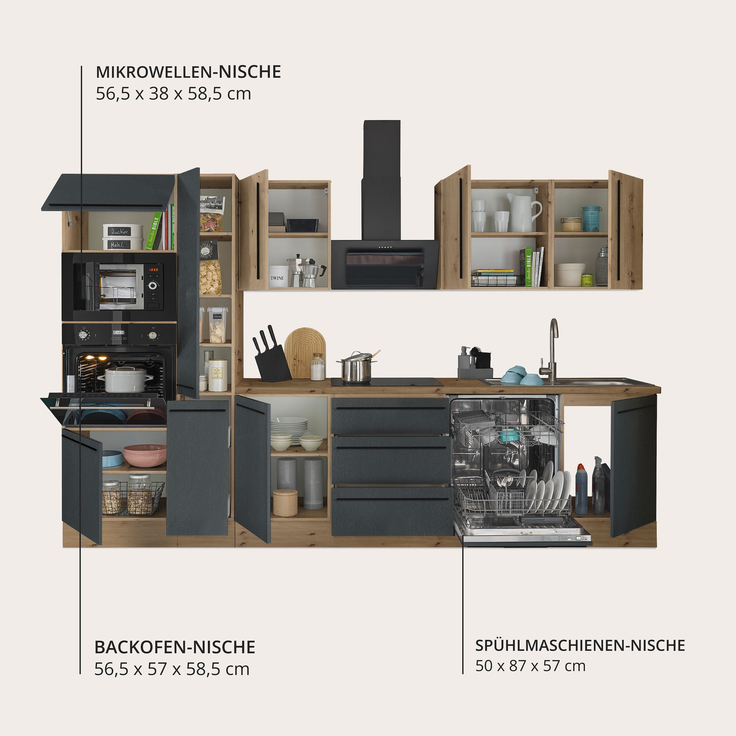 KOCHSTATION Küchenzeile »Florida« Breite 310 cm, wahlweise mit E-Geräten,Softclose für Türen/Schubkästen