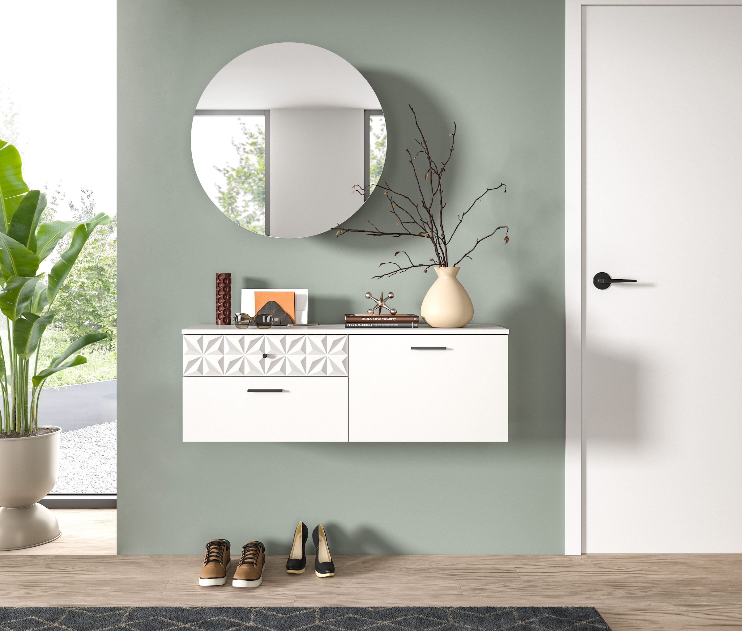 INOSIGN Garderoben-Set »VICENZA, 2-tlg., mit foraler Ornamentabsetzung in der Front«, (2 St.), best. aus.: Schuhschrank und Spiegelschrank