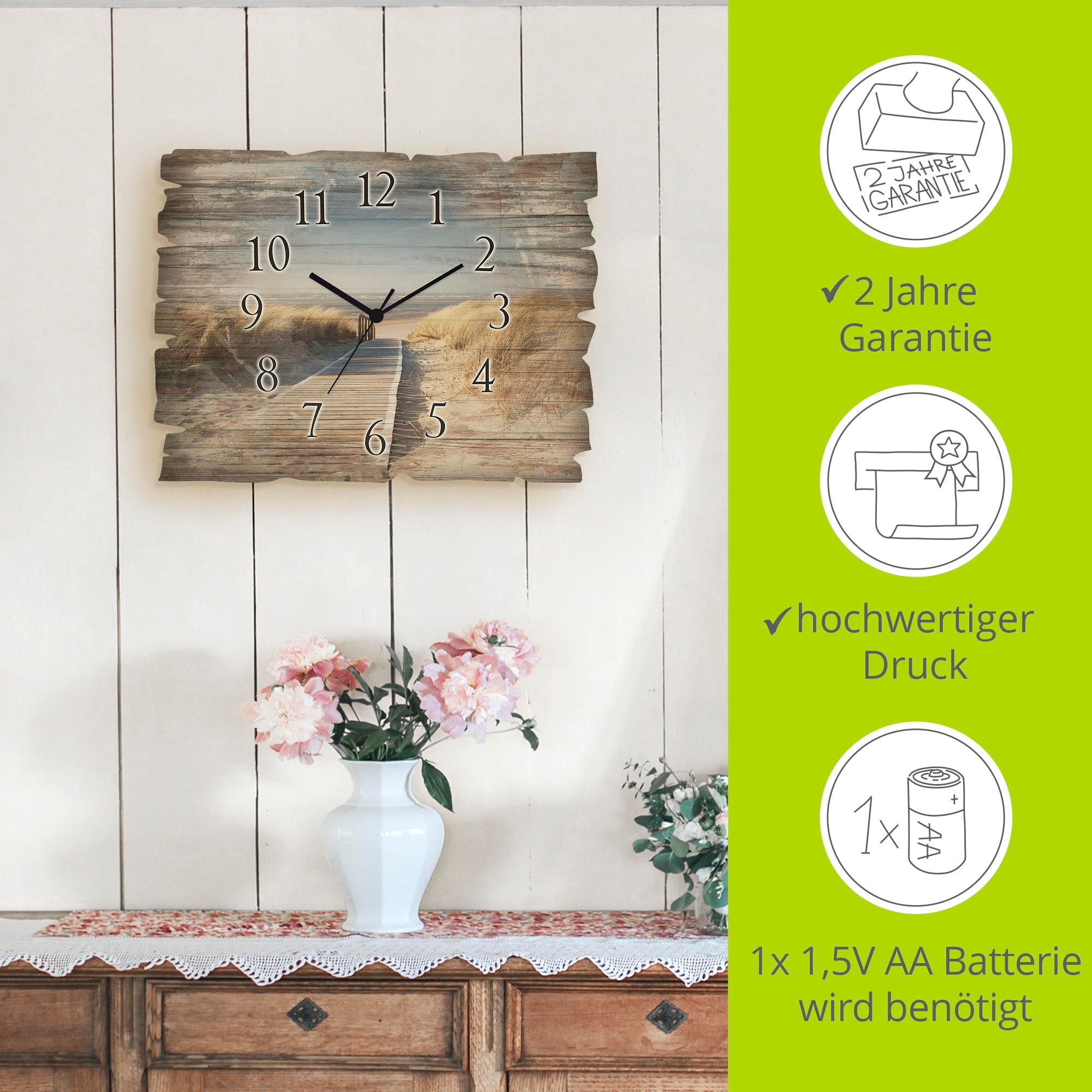 Artland Wanduhr »Nordseestrand auf Langeoog - Steg« wahlweise mit Quarz- oder Funkuhrwerk, lautlos ohne Tickgeräusche