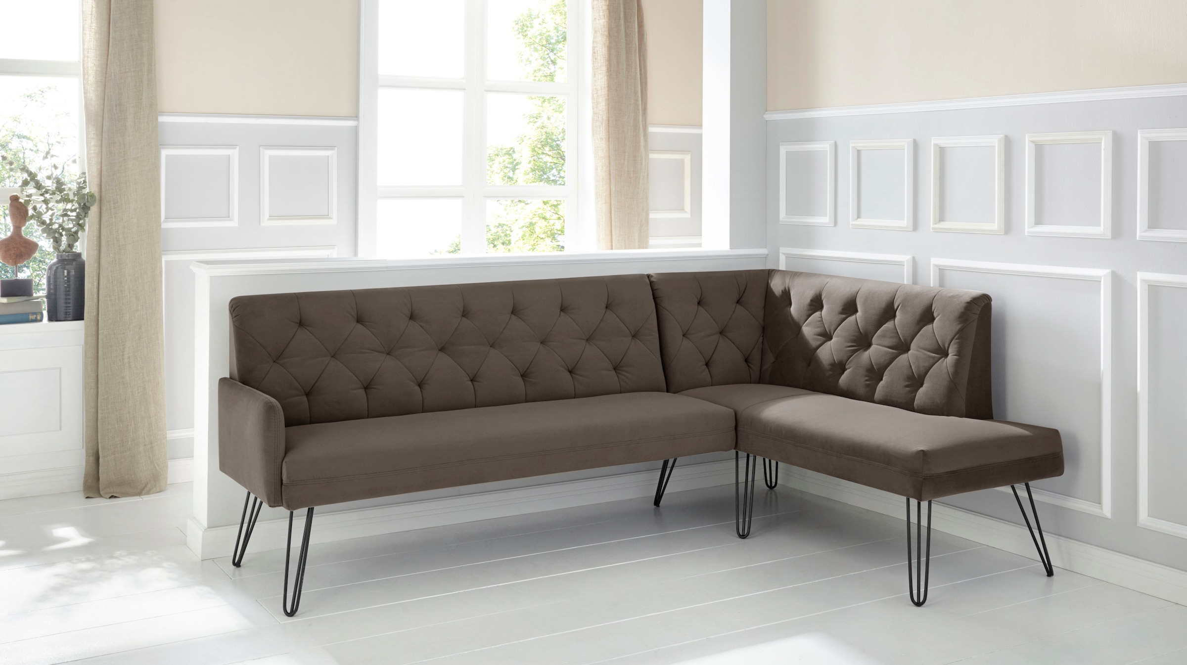 exxpo - sofa fashion Eckbank »Doppio, Chesterfield Optik, komfortabel und bequem, hohe Designfüße«, Frei im Raum stellbar