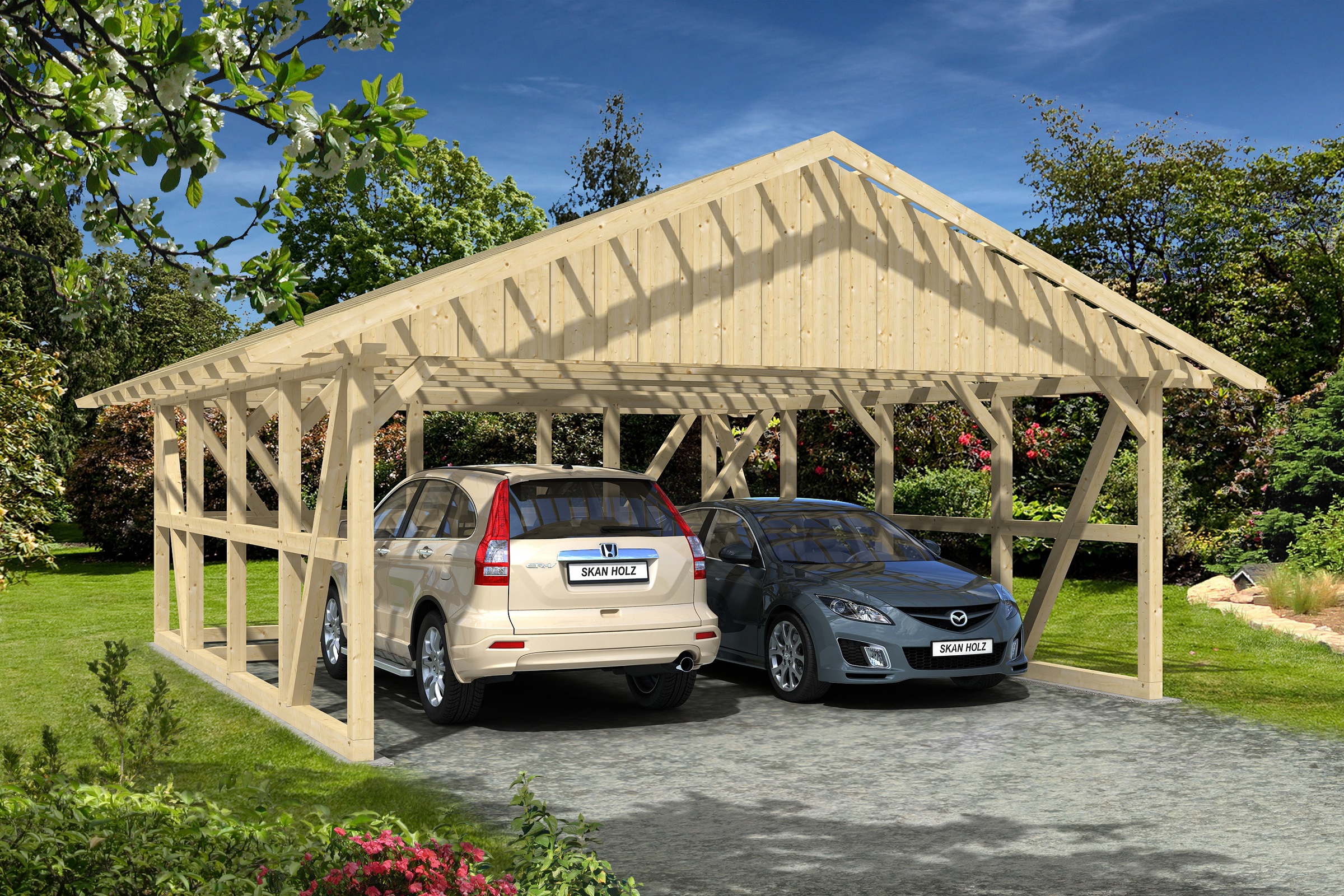Skanholz Doppelcarport »Schwarzwald«, 560 cm, Natur, mit Dachlattung