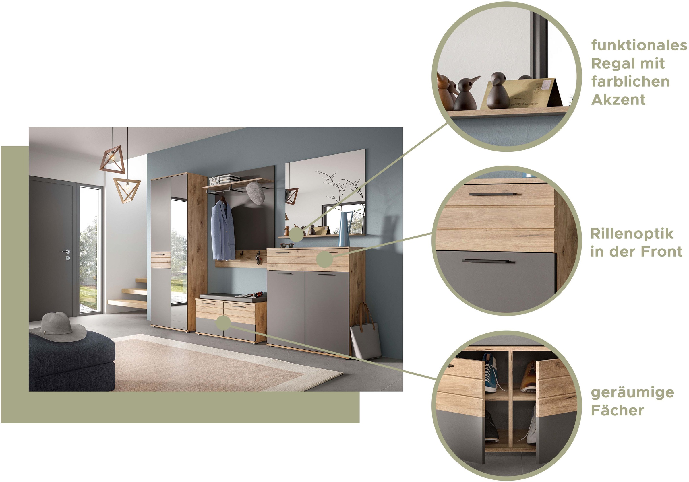 INOSIGN Garderoben-Set »Riga, Breite 195 cm, hochwertige Rillenfräsung, 4-teilig, best. aus:«, (Set, 4 St.), Sitzbank, Paneel, Garderobenspiegel, Schuhkommode
