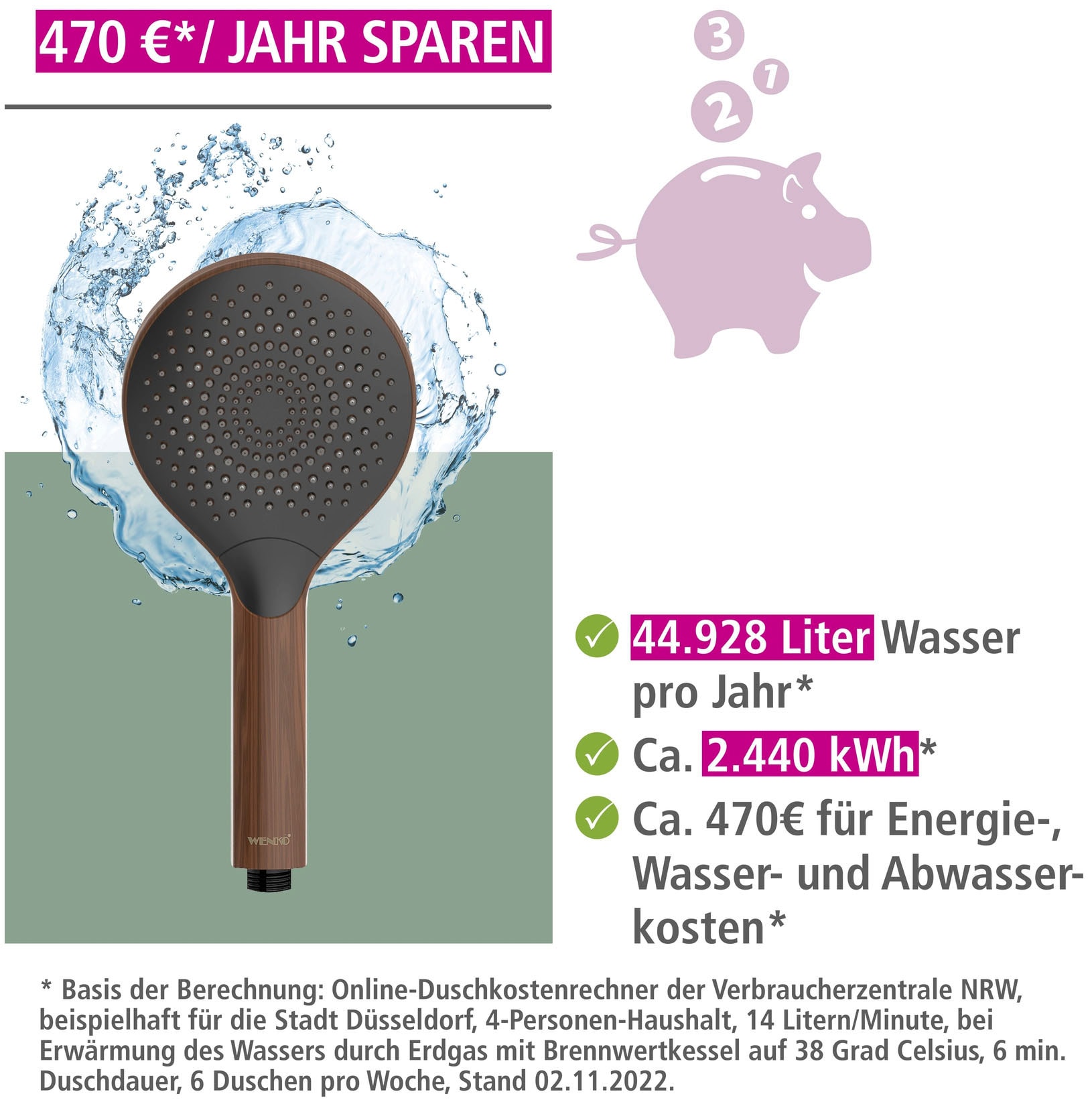 WENKO Handbrause »Watersaving«, (1 tlg.), Wood, Ø 12 cm