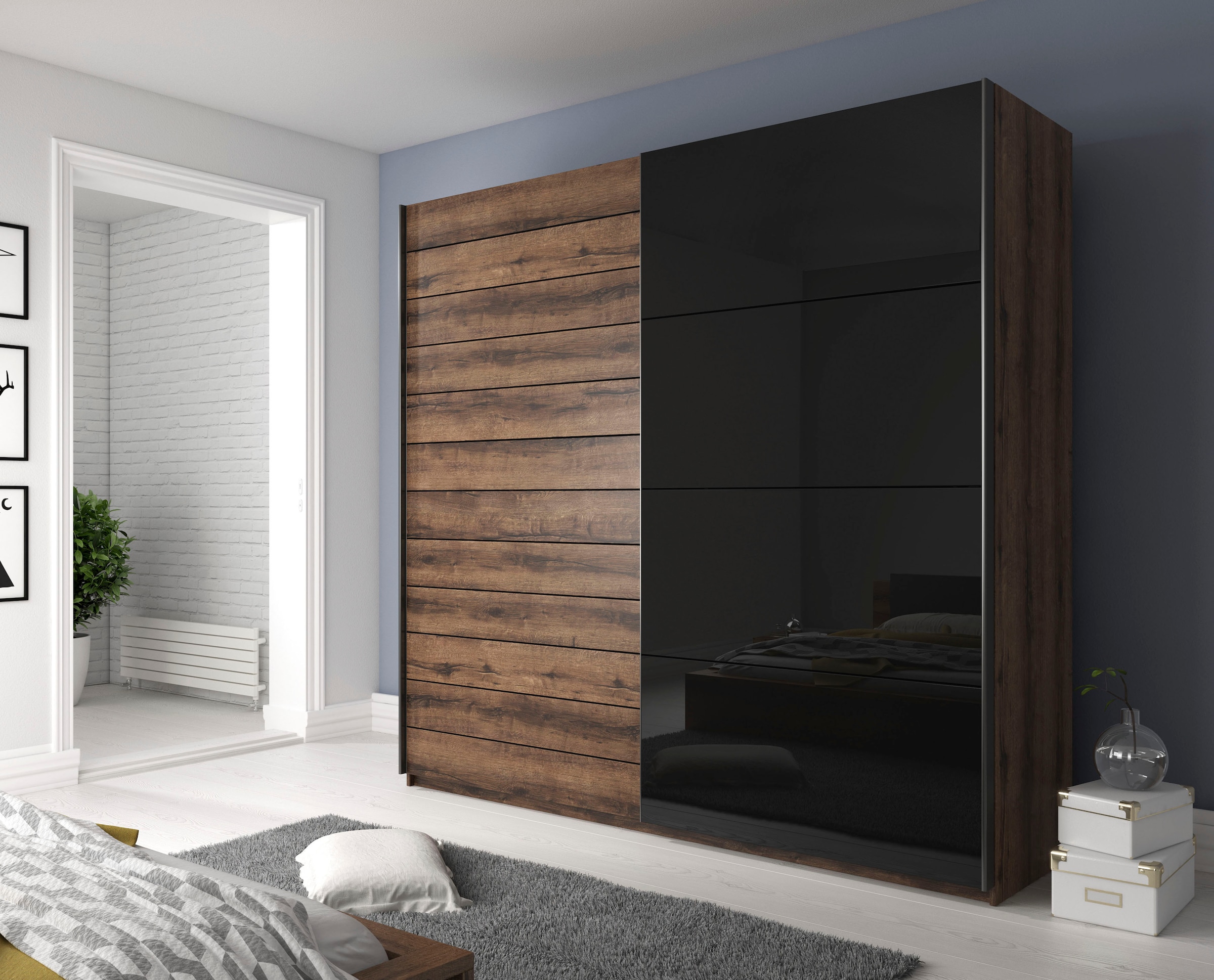 INOSIGN Schwebetürenschrank »Galaxy Kleiderschrank, Wäscheschrank 200, 220 oder 270cm breit«, INKLUSIVE kompletter Innenausstattung, Metallgriffe und Glasfront