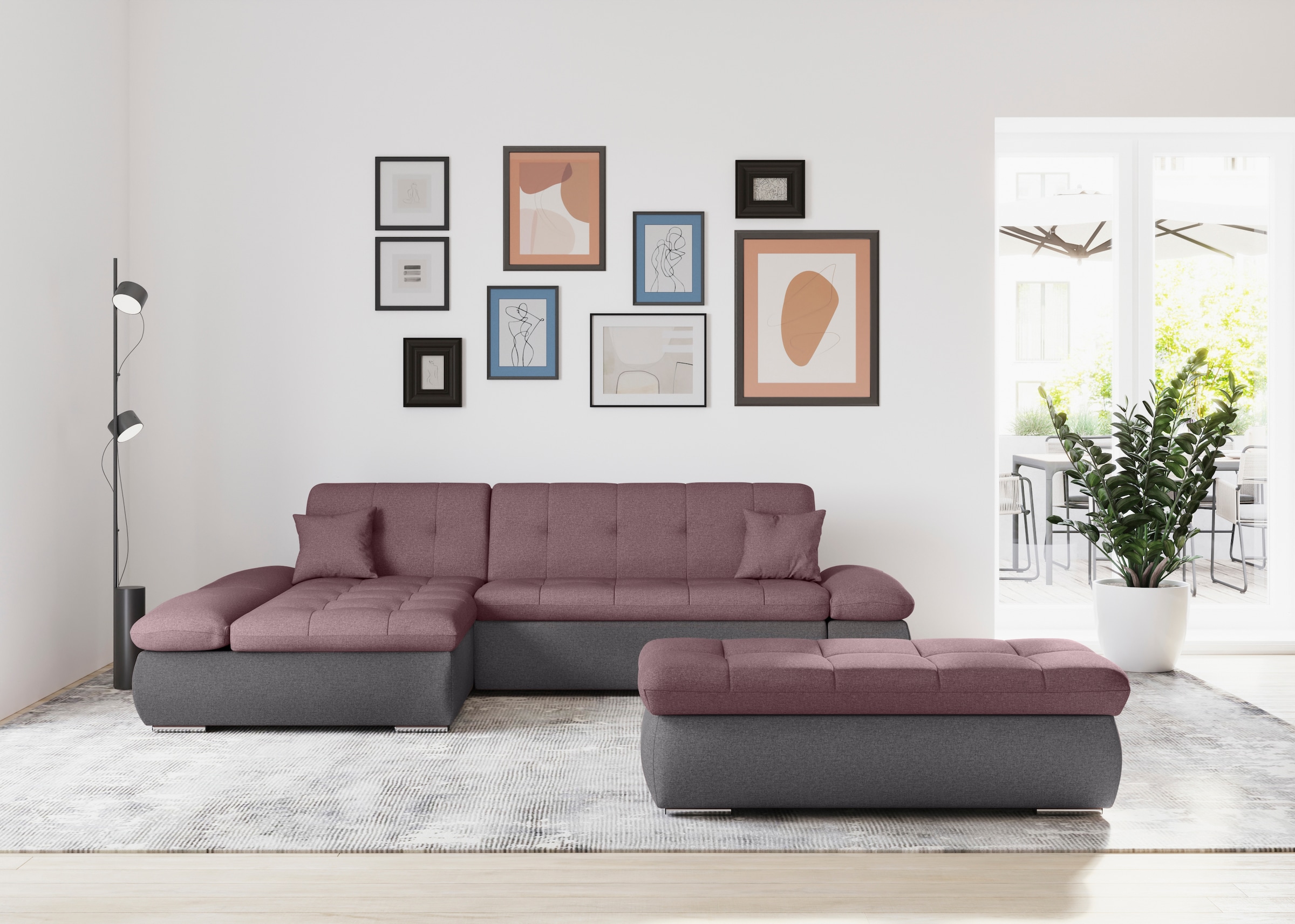 DOMO collection Ecksofa »Moric, L-Form, XXL-Sofa - Breite 300cm«, wahlweise mit Bettfunktion und Armteilverstellung, grau-beere