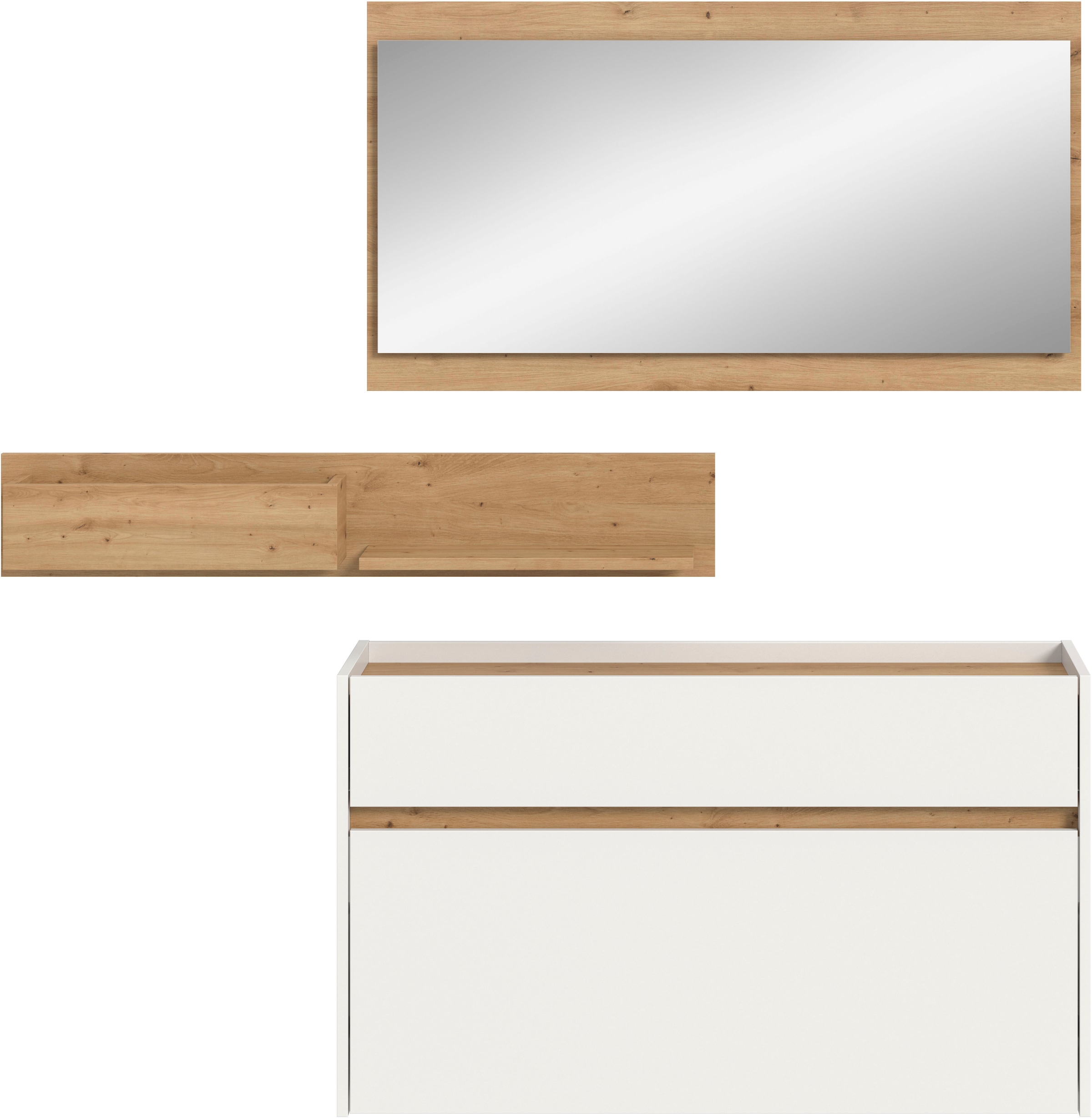 INOSIGN Garderoben-Set »EVRID, 3-teilig, Breite 140 cm, individuell hängbar & erweiterbar«, (3 St., best. aus: Kommode, Wandboard & Spiegel), Garderobenkombination, Garderobe, Wandgarderobe, Flur, Diele