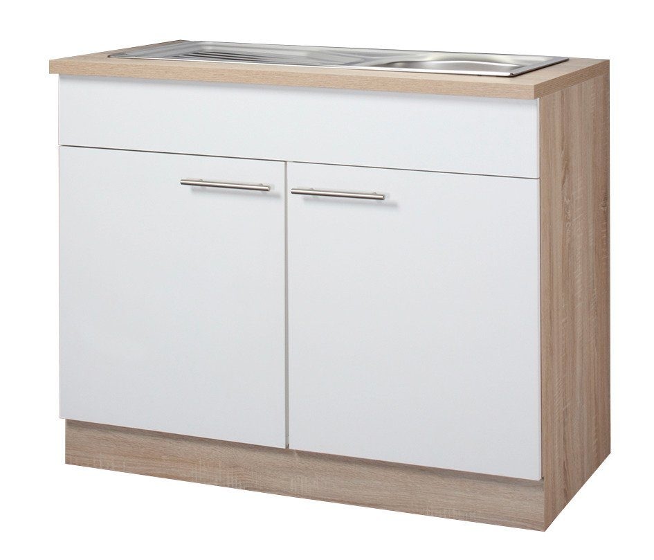 WIHO KÜCHEN Spülenschrank »Montana« 100 cm breit Front: Weiß matt, Korpus und Arbeitsplatte: Sonoma eichefarben