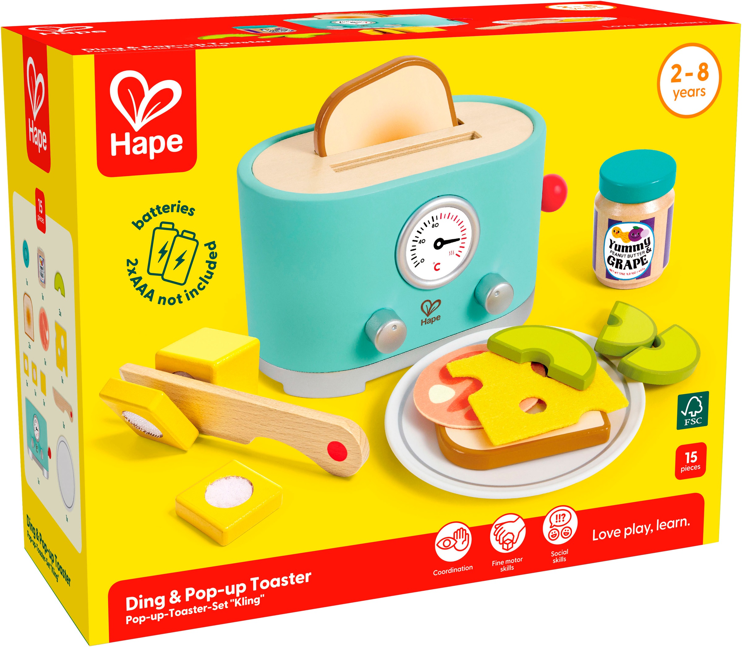 Hape Kinder-Toaster »Kling, Pop-Up-Toaster-Set«, (12 tlg.), aus Holz
