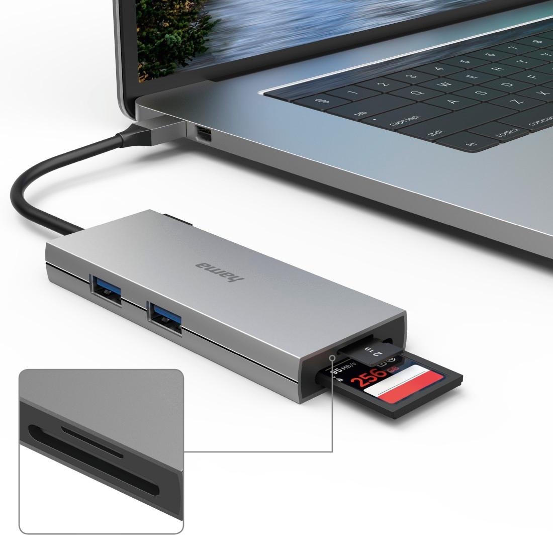 Hama USB-Adapter »USB-C Multiport Hub Laptop mit 6 Ports, USB-A, USB-C, HDMI, SD microSD«, USB-C zu USB Typ A-USB Typ C-HDMI-SD-Card, 15 cm, Laptop Dockingstation, kompakt, robustes Gehäuse, silberfarben