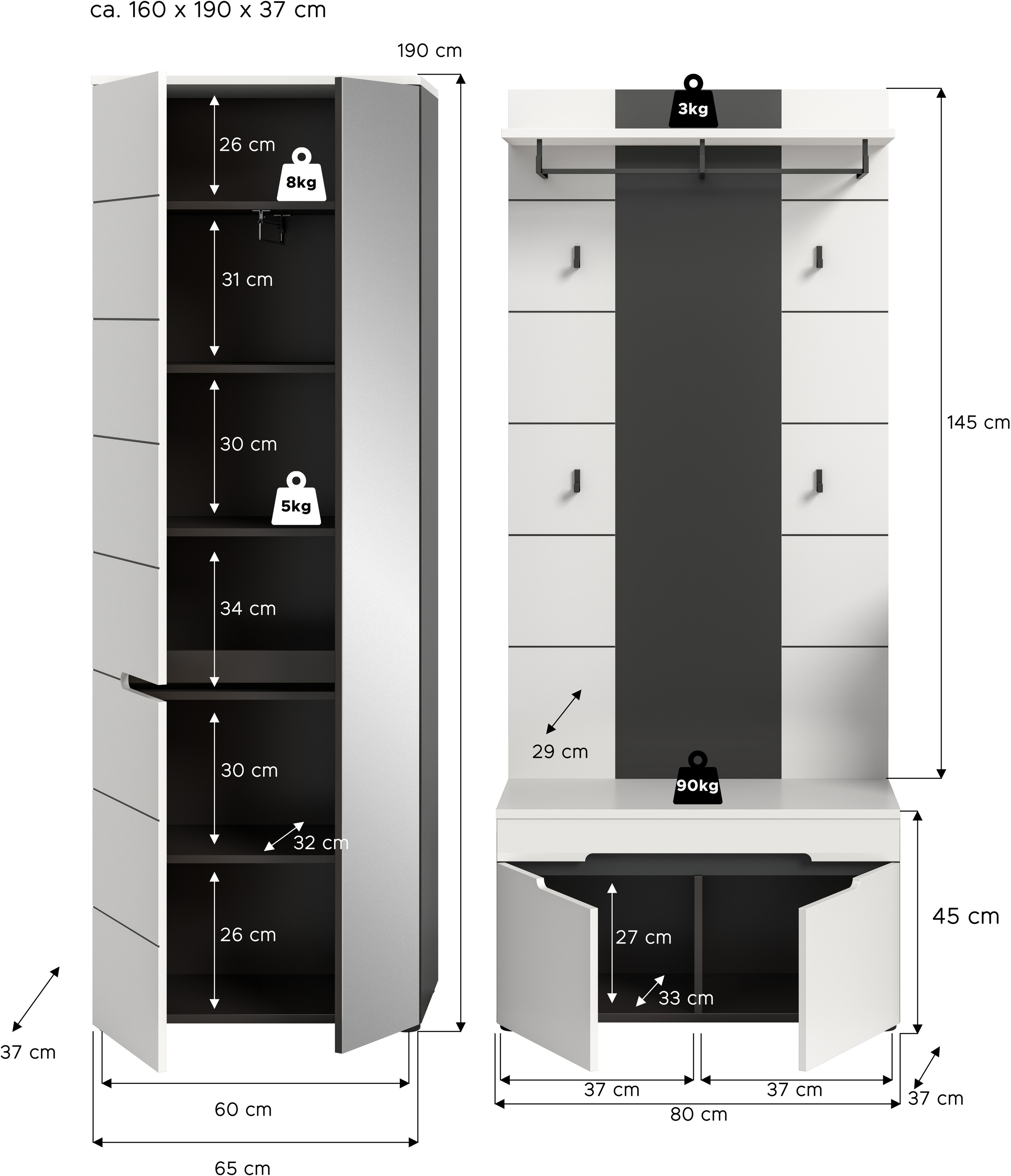 INOSIGN Garderoben-Set, (Set, 3 St., bestehend aus: Garderobenschrank, Sitzbank und Paneel), Garderobenkombination, Kombination, Set, Flurgarderobe, Diele