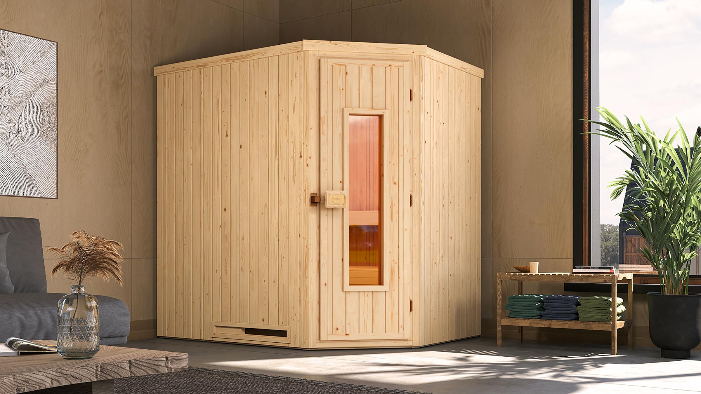 weka Sauna »Element-Ecksauna VARBERG 1« vorgefertigte Elemente, isolierte Holztür