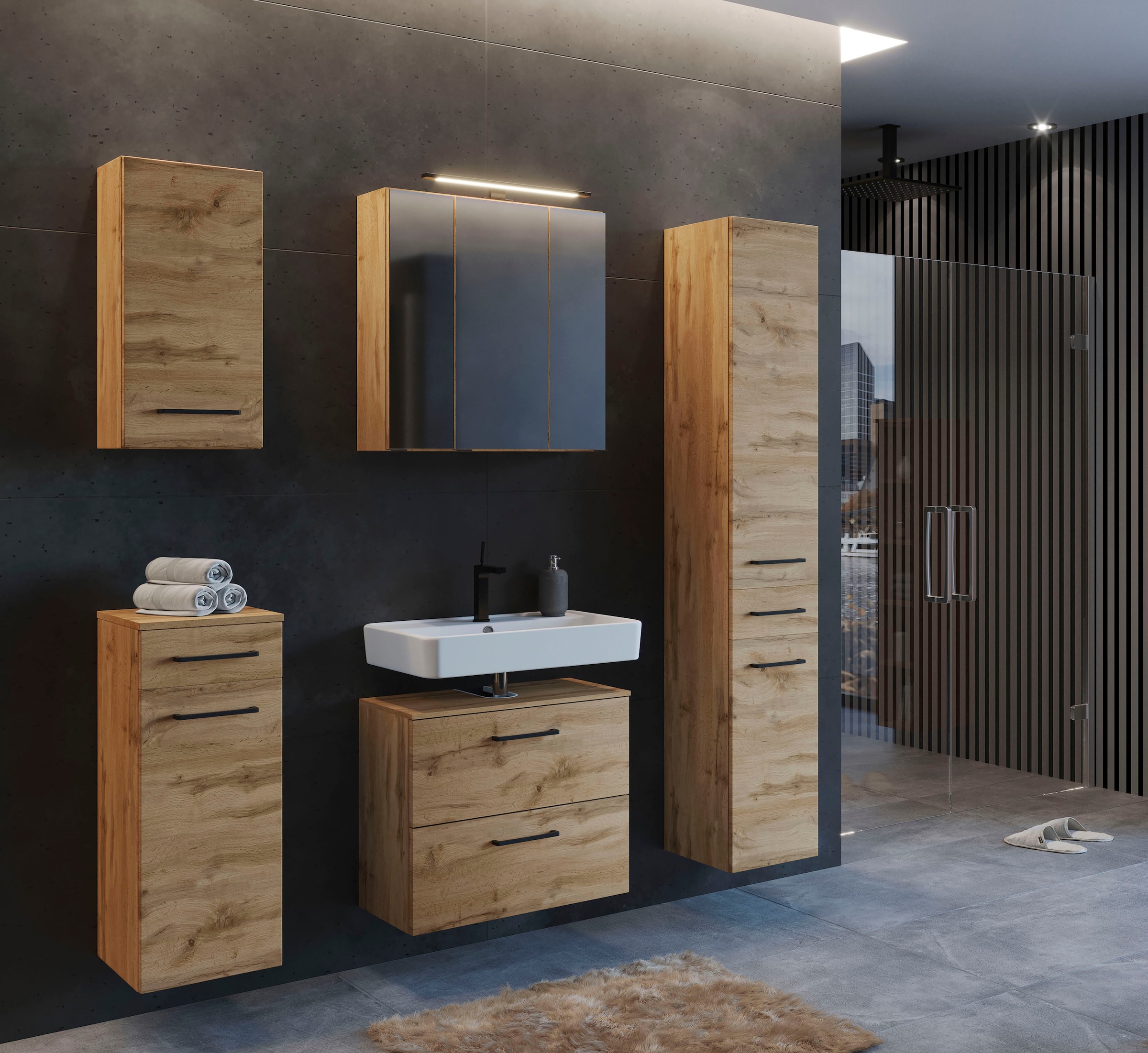 welltime Badmöbel-Set »Chicago«, (3 St., Spiegelschrank, Unterbeckenschrank, Seitenschrank)