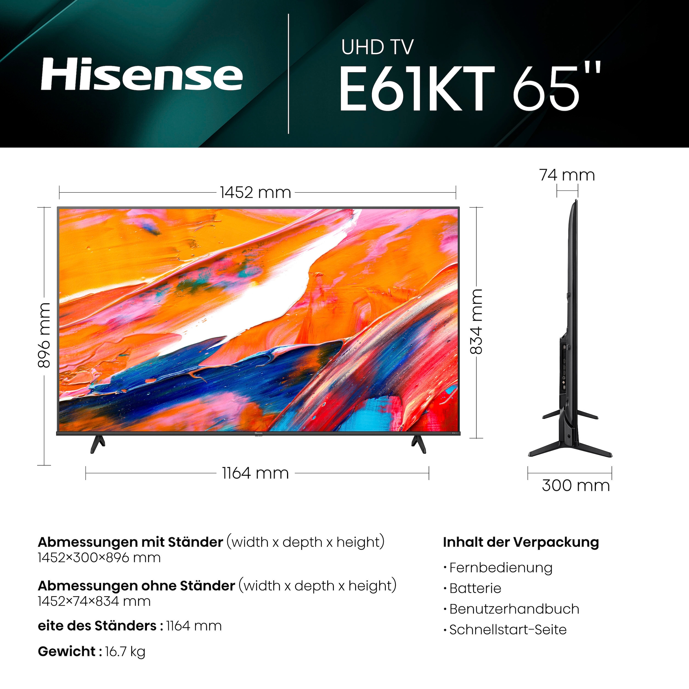 Hisense LED-Fernseher, 164 cm/65 Zoll, 4K Ultra HD, Smart-TV, Smart-TV, Dolby Vision, Triple Tuner DVB-C/S/S2/T/T2