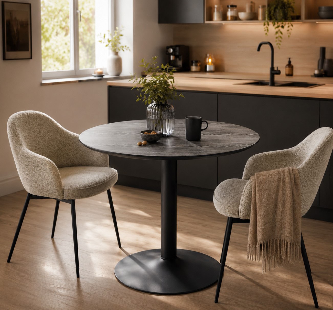 ACTONA GROUP Esstisch »Ibiza, Runder Küchentisch - pflegeleicht, platzsparend & robust« Tisch, Tulpentisch, 1 Stk. tlg. Cafetisch, Esstisch rund Ø 80 cm, Schwarz, mit Trompete Gestell