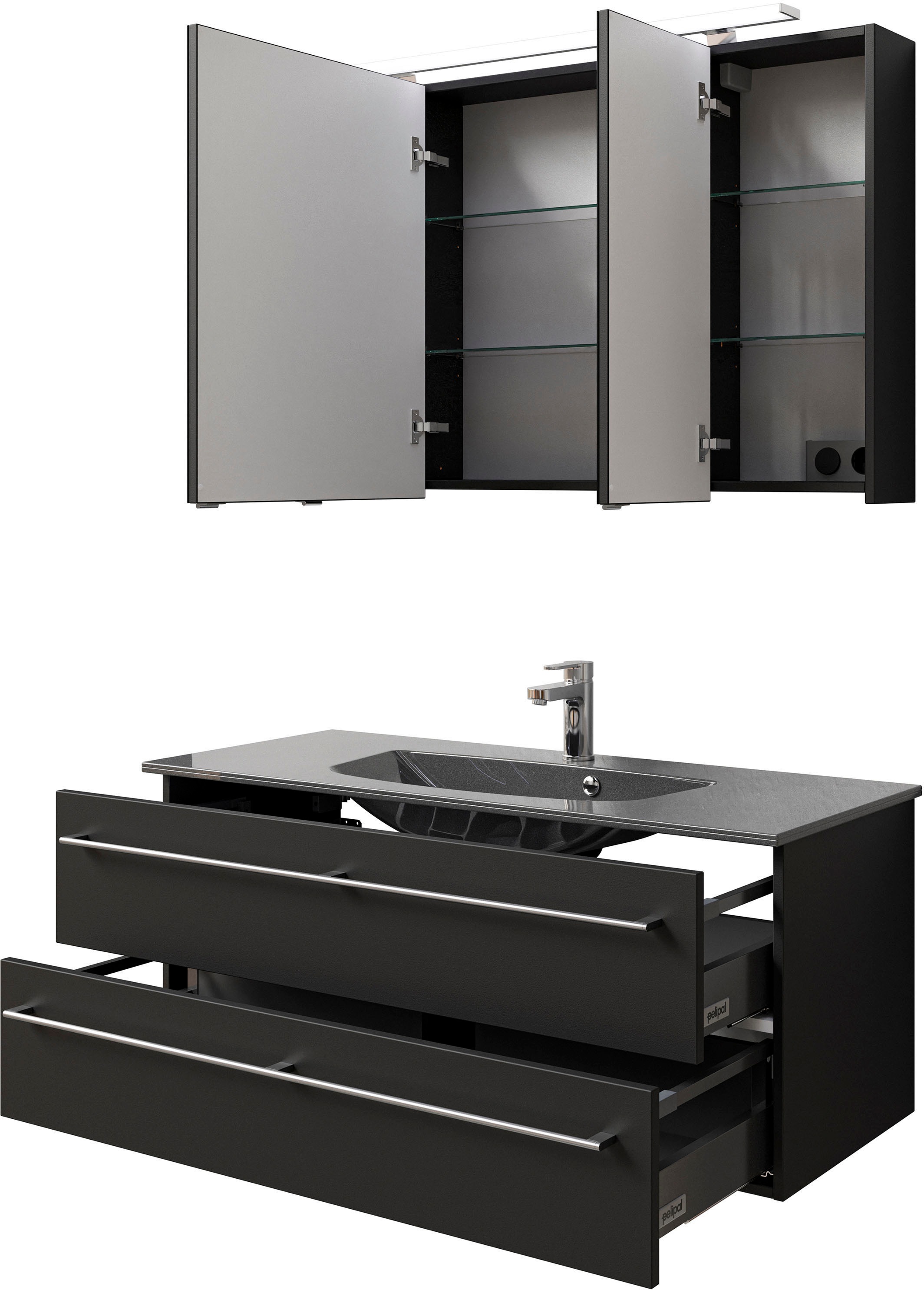 Saphir Badmöbel-Set »Serie 6025 2-teilig Mineralmarmor-Waschtisch mit LED-Spiegelschrank«, (2 St.), Waschplatz 117cm breit, 2 Schubladen, 3 Spiegel-Türen, inkl Türdämpfer