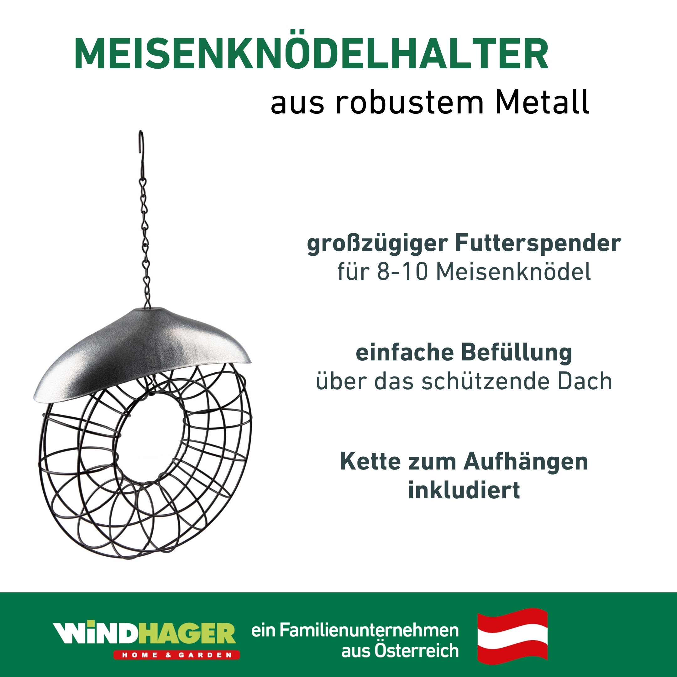 Windhager Vogelhaus »Meisenknödelhalter Friends, Futterspender aus robustem Metall« Vogelfutterhalter inkl. Aufhängung, Füllvolumen 8-10 Meisenknödel