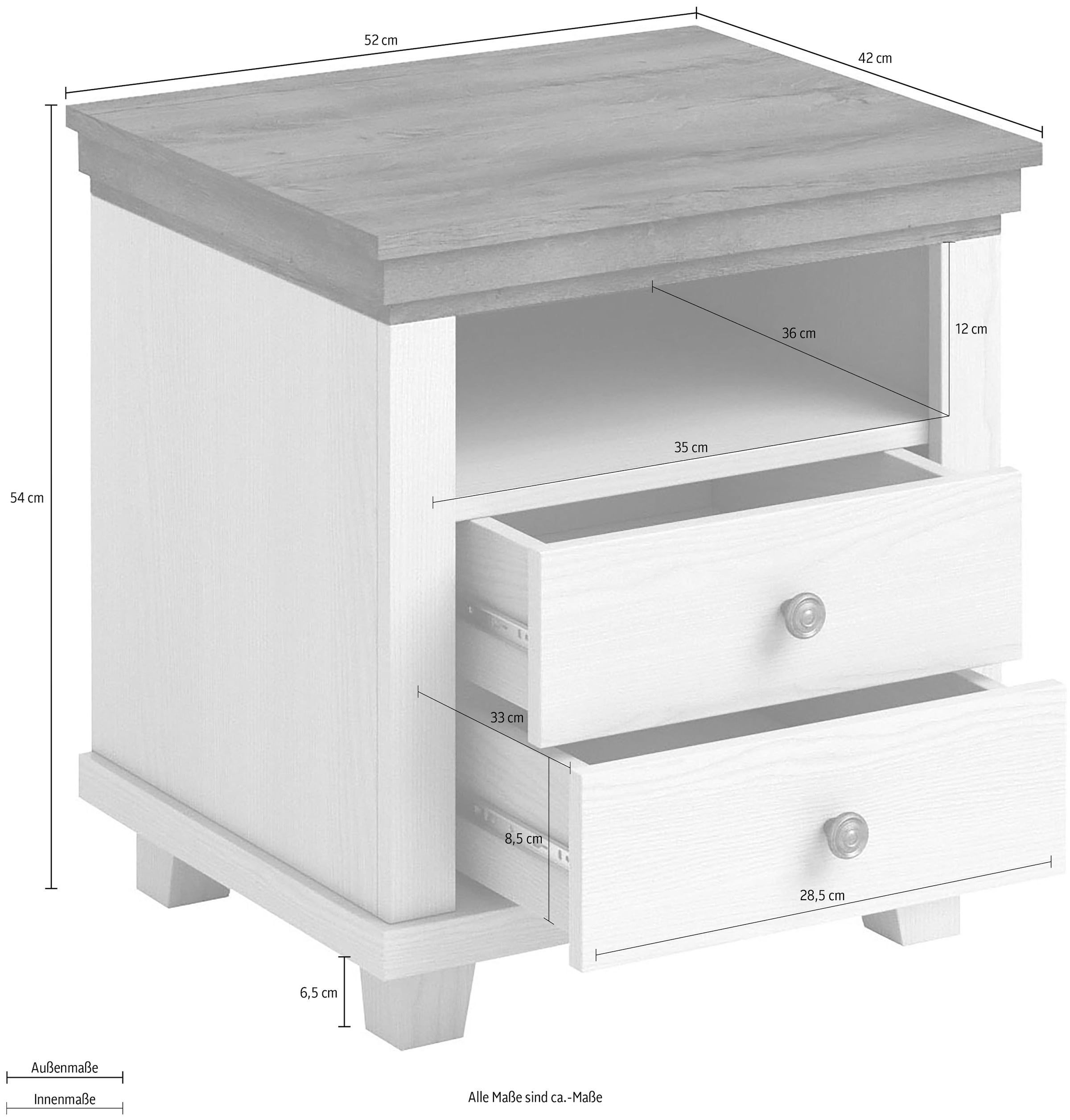 Home affaire Nachtkommode »Evora mit 2 Schubläden, Nachttisch in 2 verschieden Farben erhältlich«, 52x42x54 cm (BxTxH), Beistelltisch mit MDF-Applikationen, Landhausstil