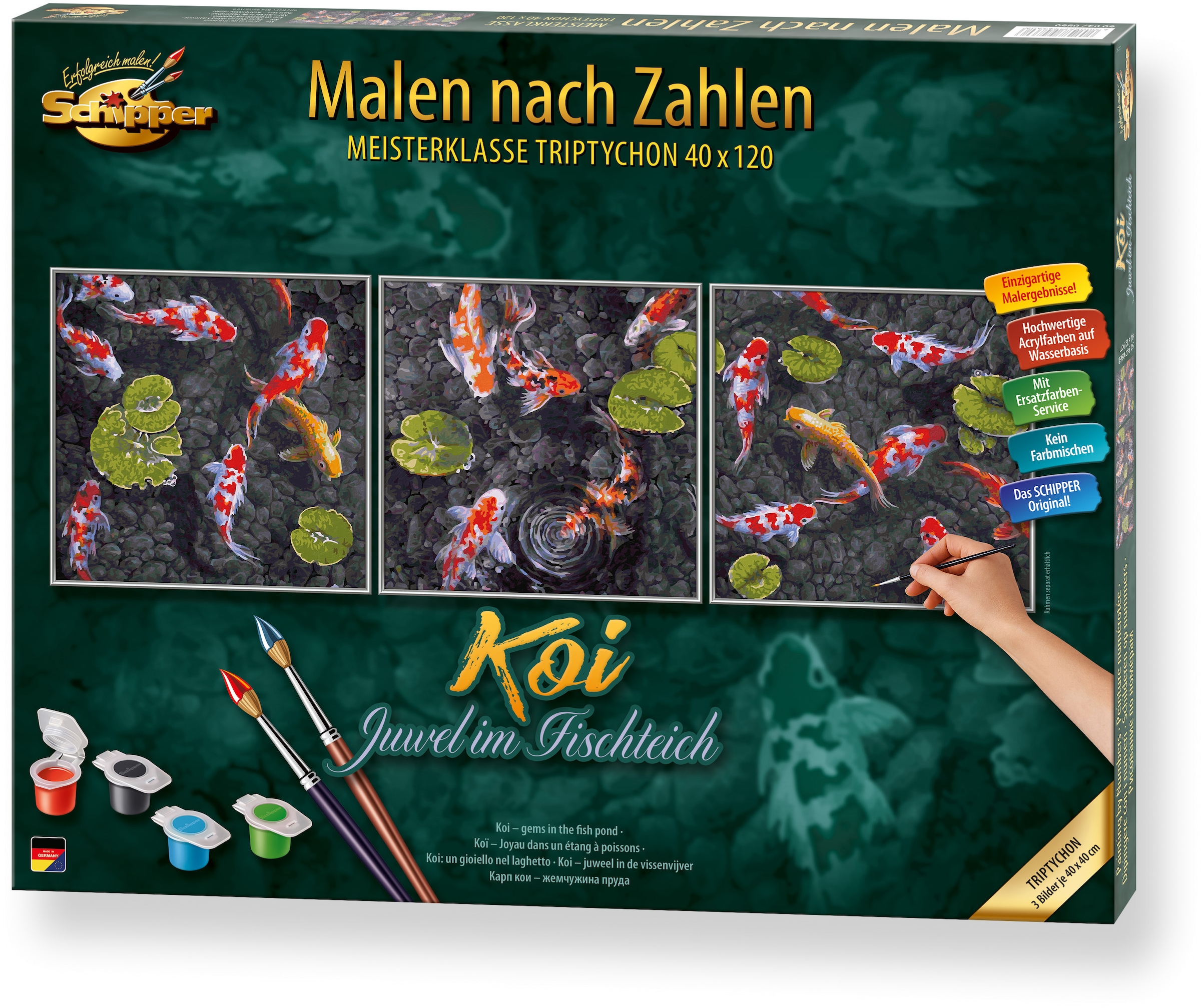 Schipper Malen nach Zahlen »Meisterklasse Triptychon - Koi Juwel im Fischteich«, Made in Germany