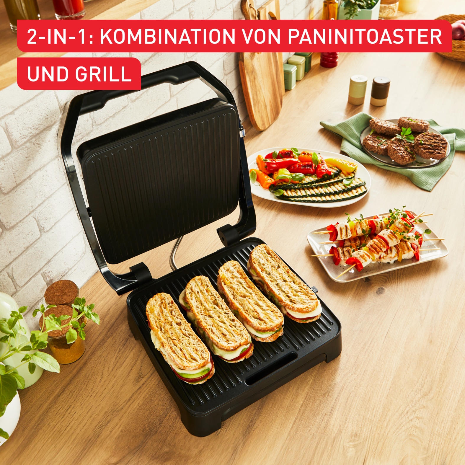 Tefal Kontaktgrill »Inicio Classic, 2-in-1 Panini/Grill, antihaftbeschichtete Platten«, 2000 W, Platzsparende Aufbewahrung, spülmaschinenfeste Saftschale, GC2718
