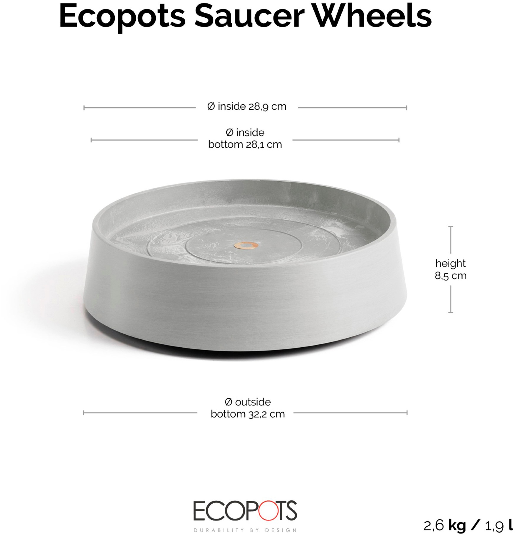ECOPOTS Topfuntersetzer »mit Rollen Oslo 35 Weißgrau«, für innen und außen: frostsicher, bruchsicher und lichtbeständig