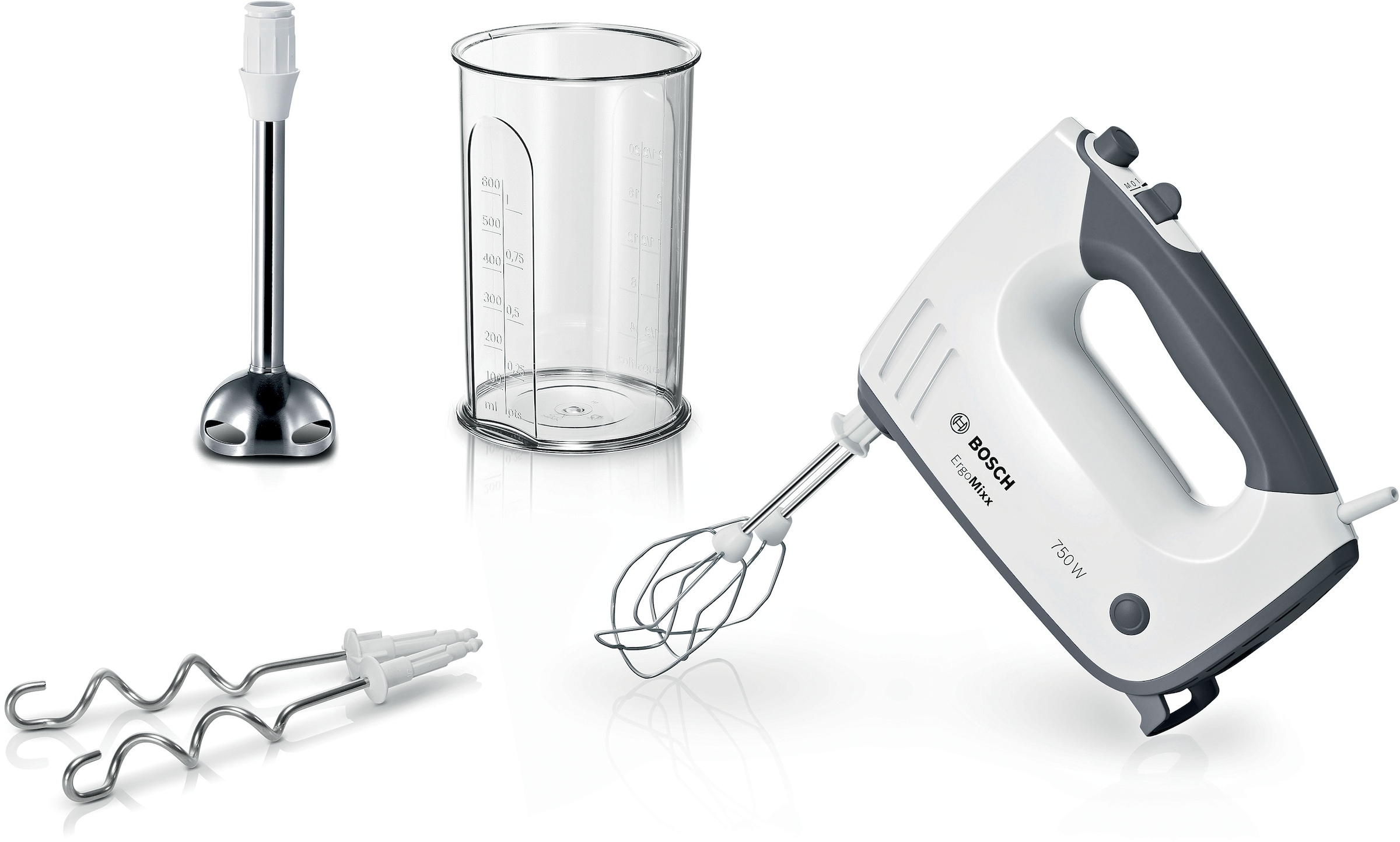 BOSCH Handmixer »ErgoMixx MFQ37470, Edelst. Rührbesen/Knethaken, 5 Stufen, weiß«, 750 W, Turbostufe, Mixfuß, leichtes Gehäuse, Made in Europe