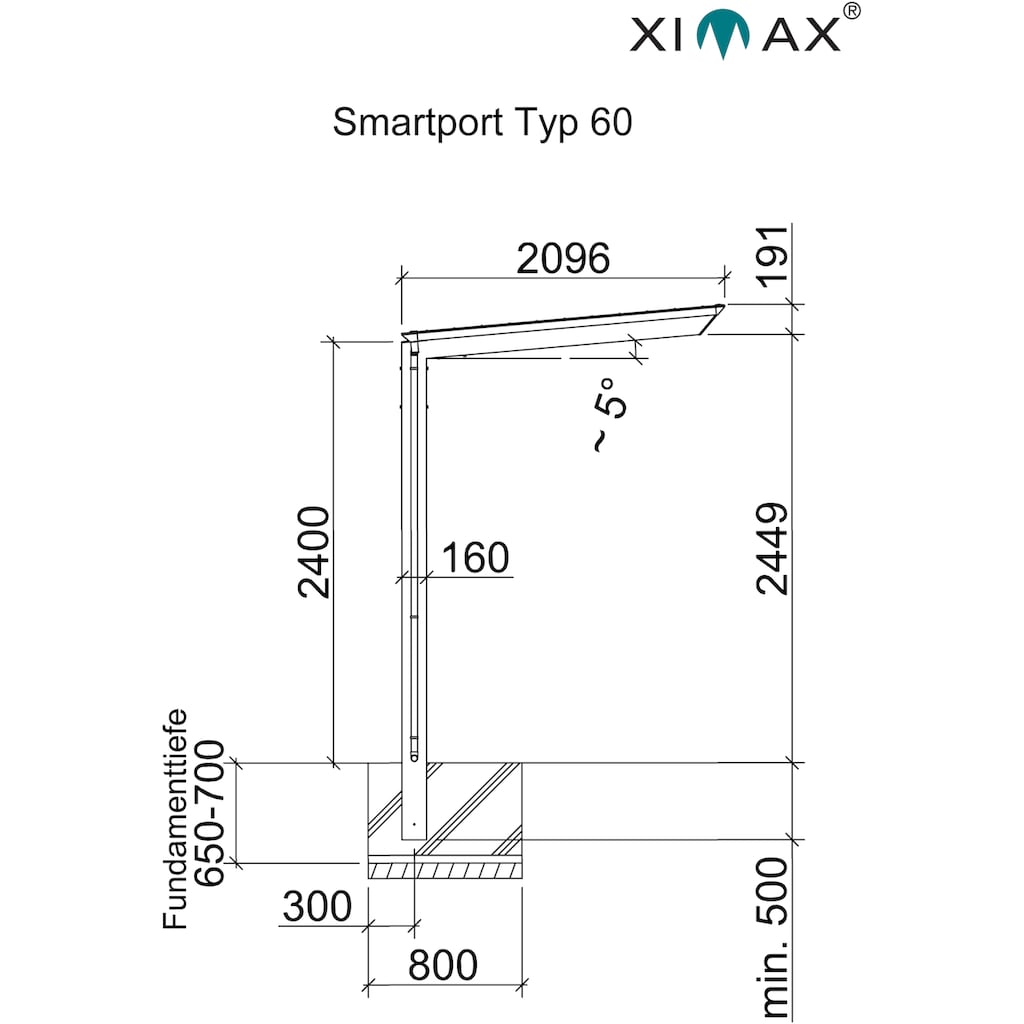 Ximax Einzelcarport »Smart Port Typ 60 Standard-Edelstahl-Look«, Aluminium, 194 cm, edelstahlfarben