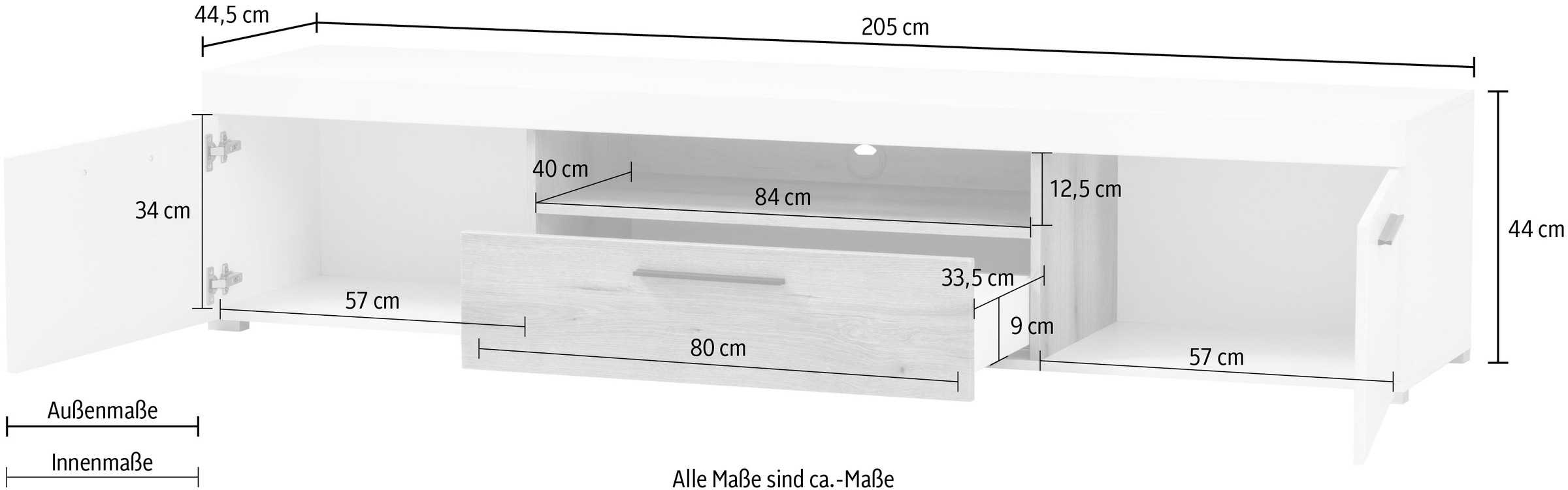 INOSIGN Lowboard »Salerno, moderner Unterschrank, Kommode in Weiß mit Eiche Evoke Dekor«, Metallgriffe, ausreichend Stauraum, vielseitig einsetzbar, 205cm breit