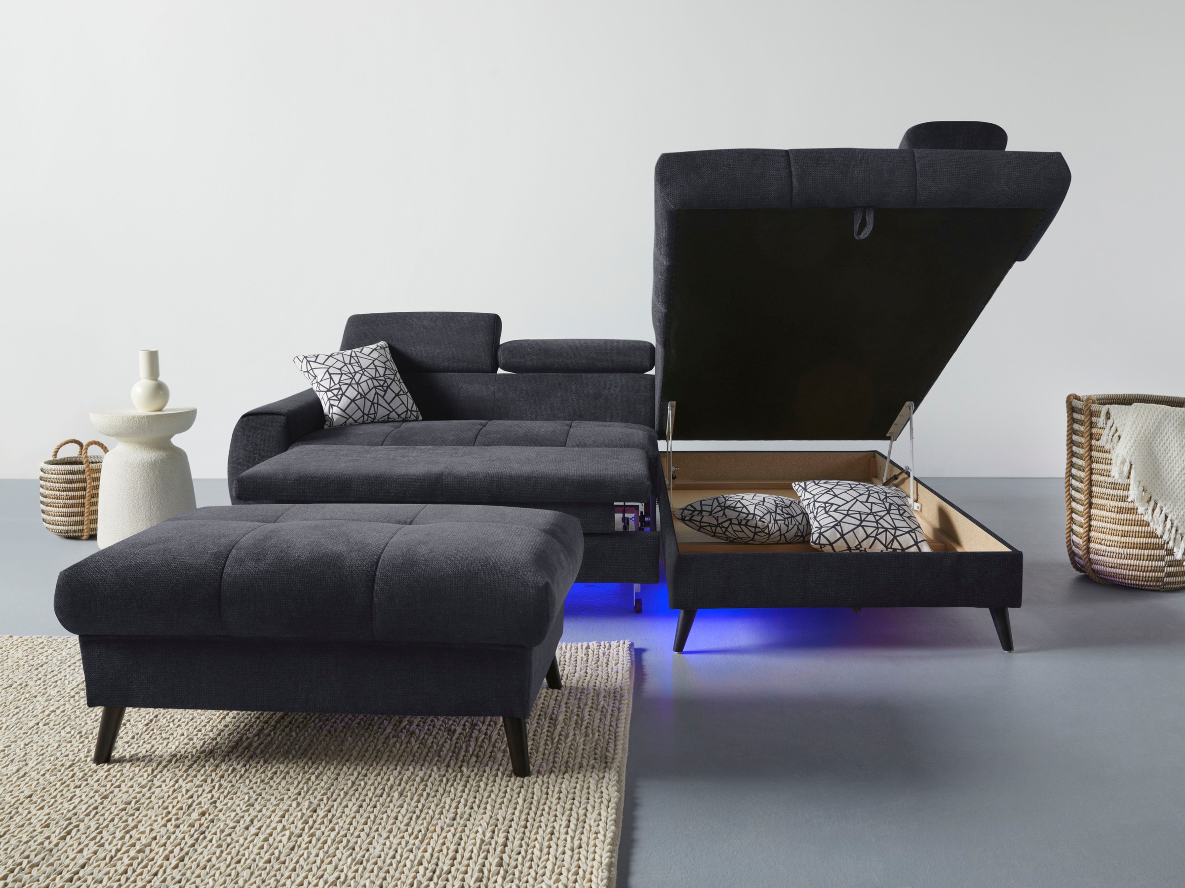 COTTA Ecksofa »Mia L-Form mit 3 Zierkissen«, wahlweise mit Bettfunktion, Bettkasten, Beleuchtung & Wireless-Charger
