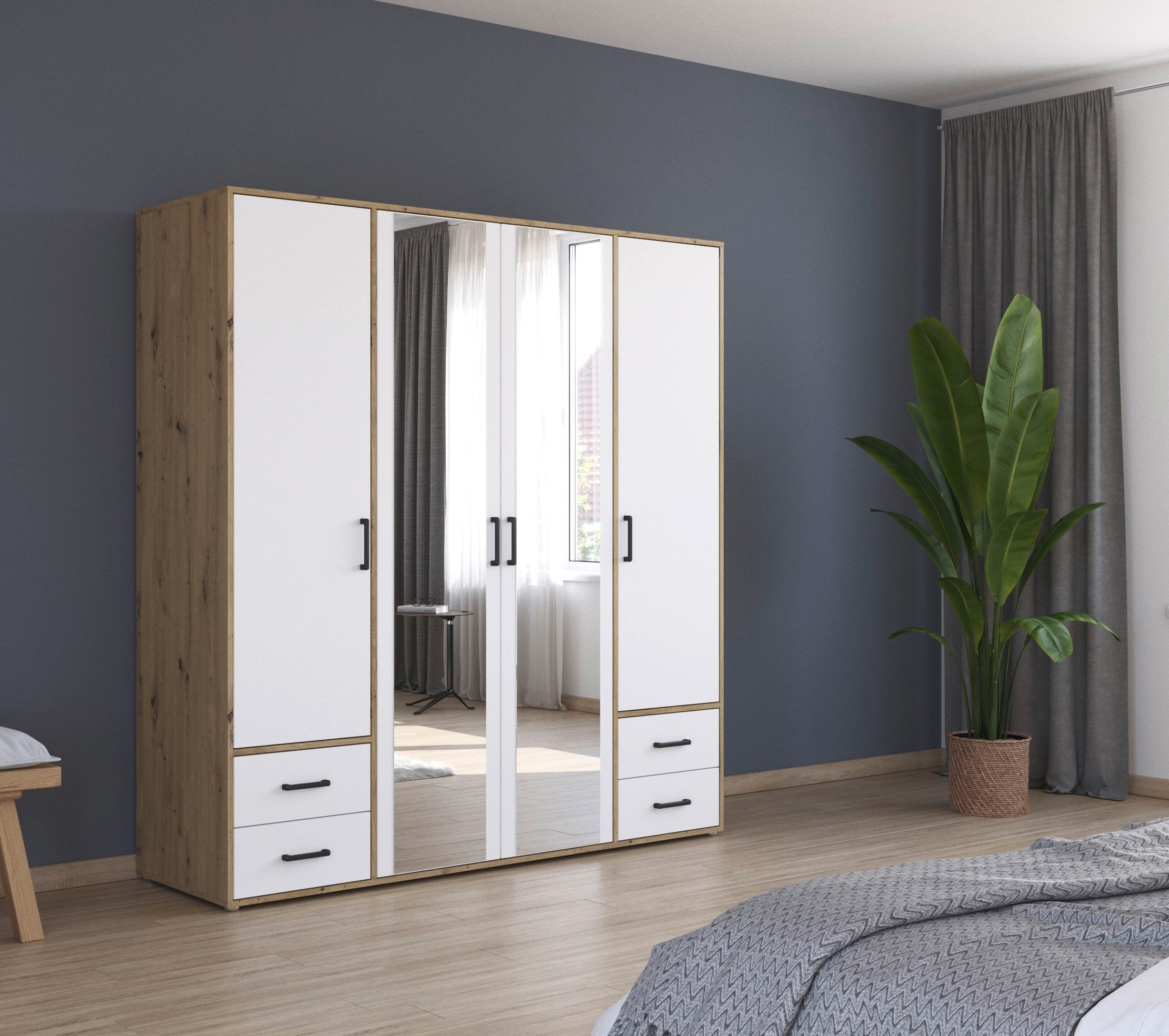 rauch Drehtürenschrank »Kleiderschrank Schrank Garderobe Wäscheschrank VOYAGER«, (in 3 verschiedenen Ausstattungen BASIC/CLASSIC/PREMIUM), mit modernen Griffen in Graumetallic, inkl. Schubkästen und Spiegel