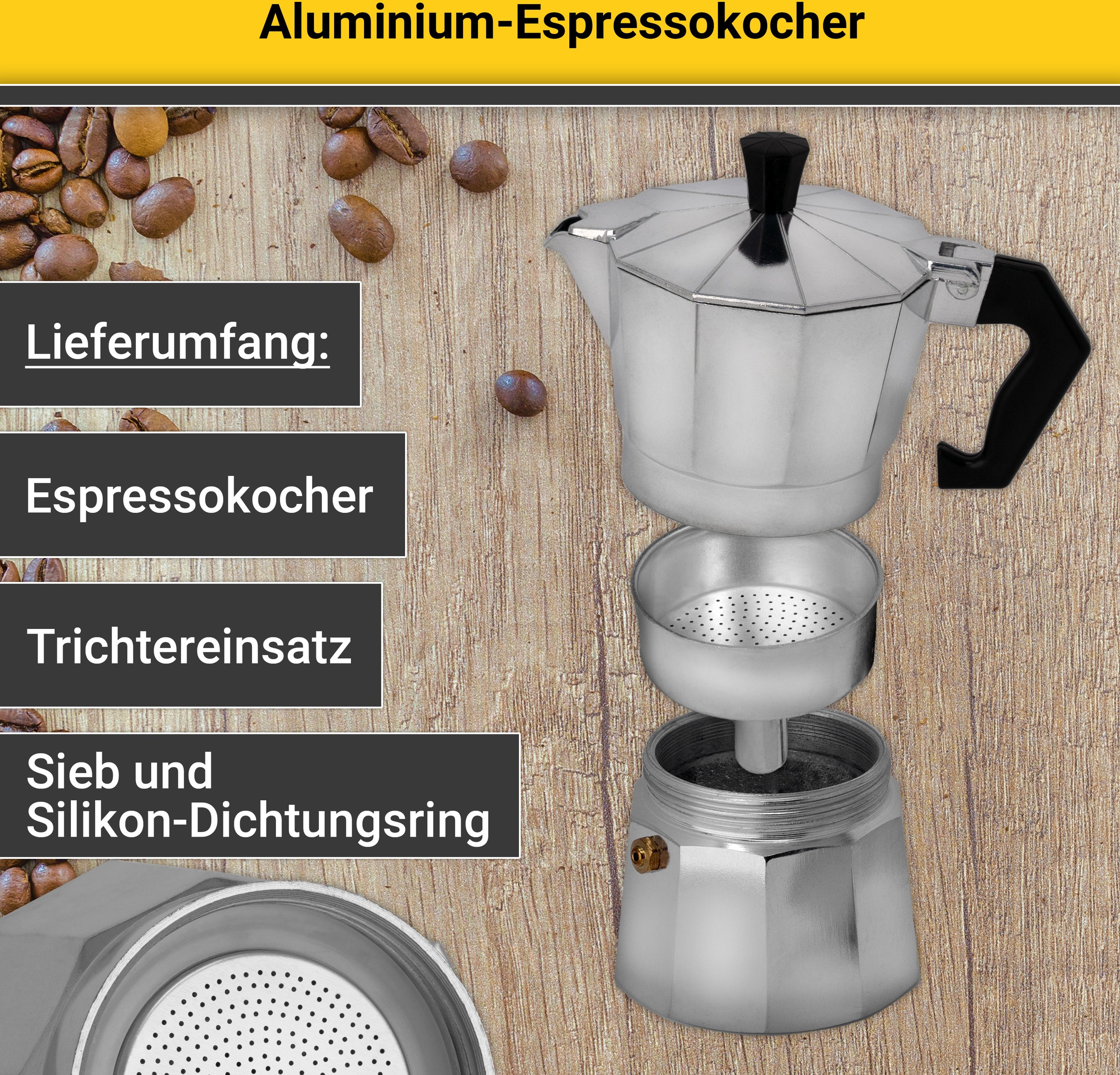 Krüger Espressokocher »Italiano«, 0,1 l Kaffeekanne, traditionell italienisch, aus Aluminium, mit Silikon-Dichtungsring