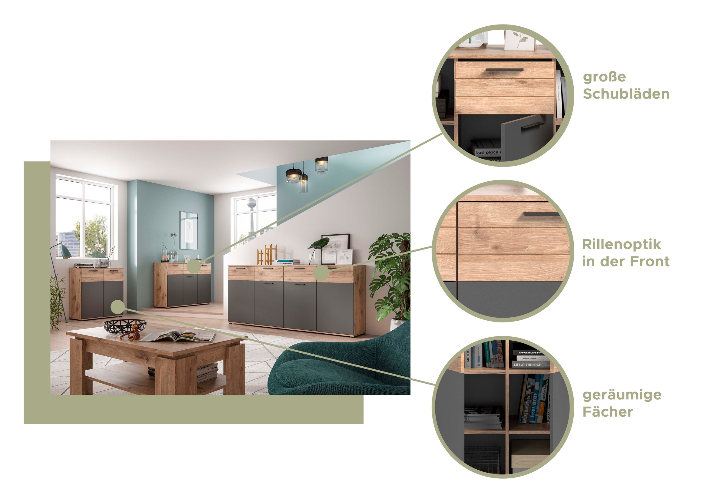 INOSIGN Sideboard »Riga, Breite 90 cm, 2 Türen mit Softclose, 4 Einlegeböden, 6 Fächer«, hochwertige Rillenfräsung, Schuhkommode, Kommode, Anrichte, Schrank