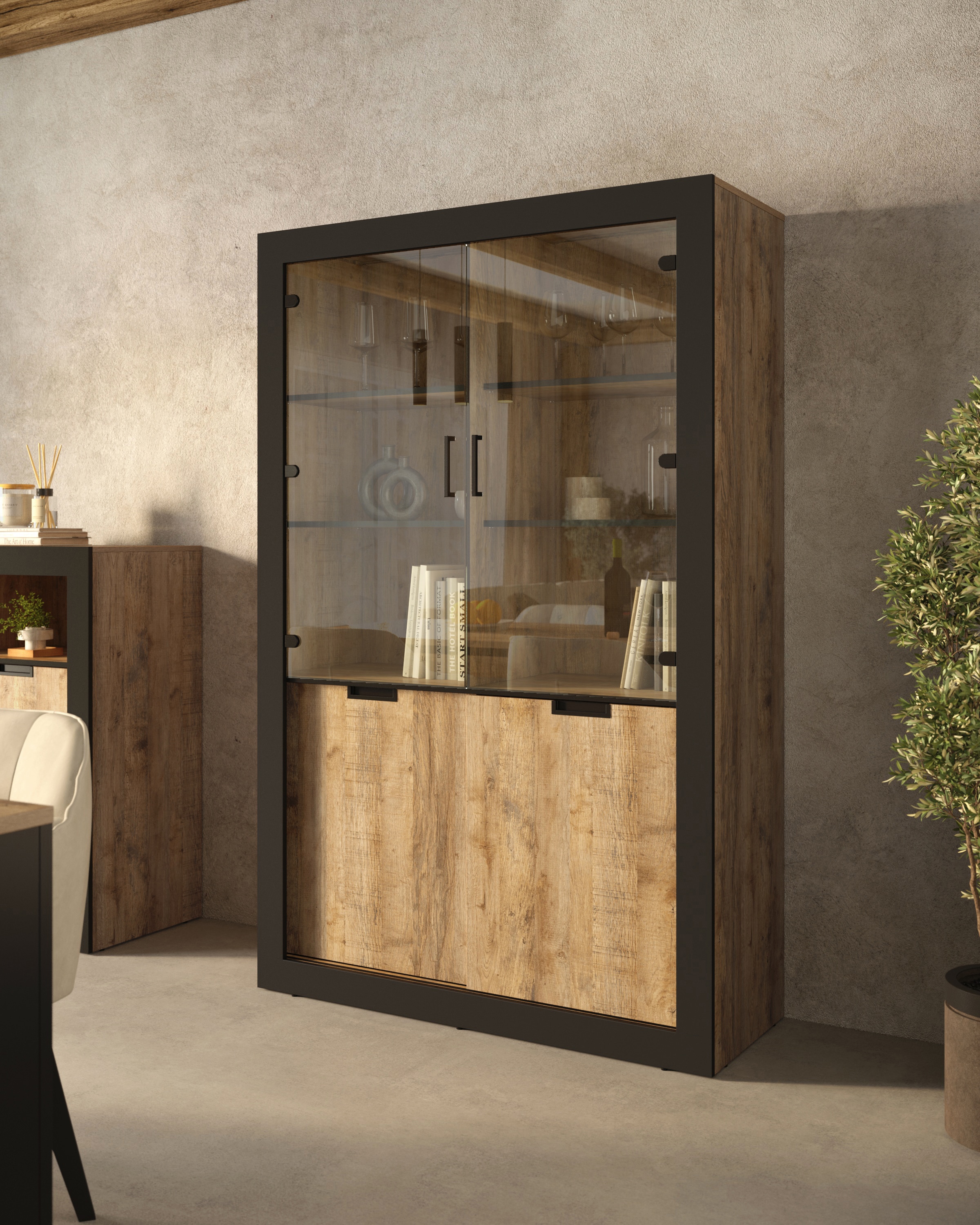 INOSIGN Vitrine »Tudor, Breite 120 cm, moderne Glasvitrine 2x Schiebetüren/2x Glastüren«, Hochschrank im Landhausstil, viel Stauraum, Einlegeböden verstellbar
