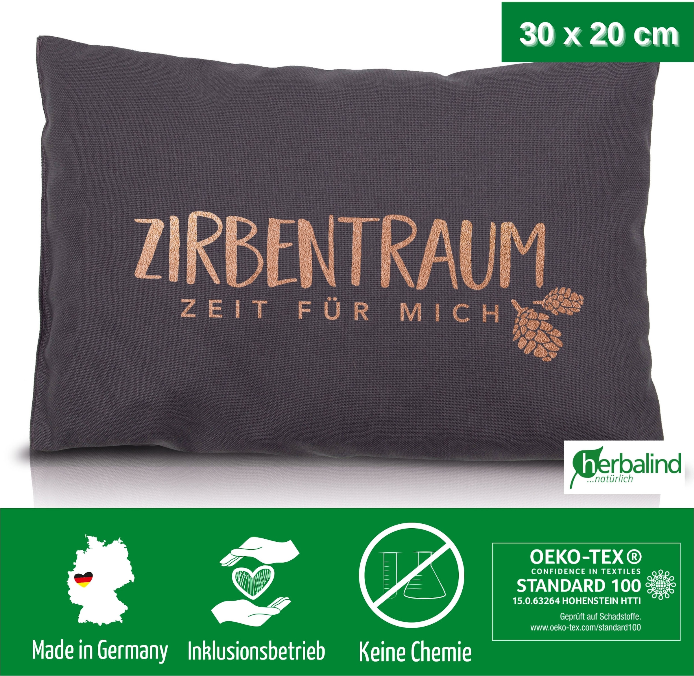 herbalind Zirbenkissen »Zirbentraum in Anthrazit/Roségold 30x20 mit Reißverschluss - Gefüllt« mit hochwertigen Zirbenholzflocken 100% Baumwolle - Made in Germany