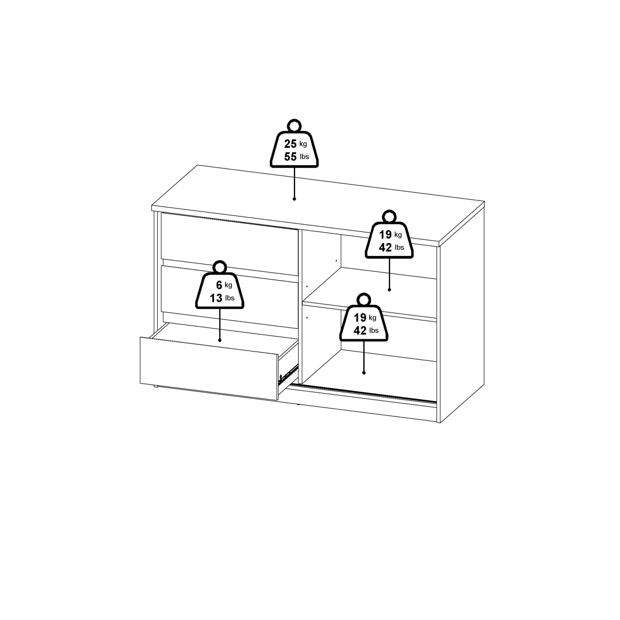 INOSIGN Sideboard »Naia Aufbewahrung, Schuhkommode, Stauraumkommode, Schuhschrank,«, Kommode mit 1 Schiebetür und 3 Schubladen, Breite 119 cm, Höhe 76 cm