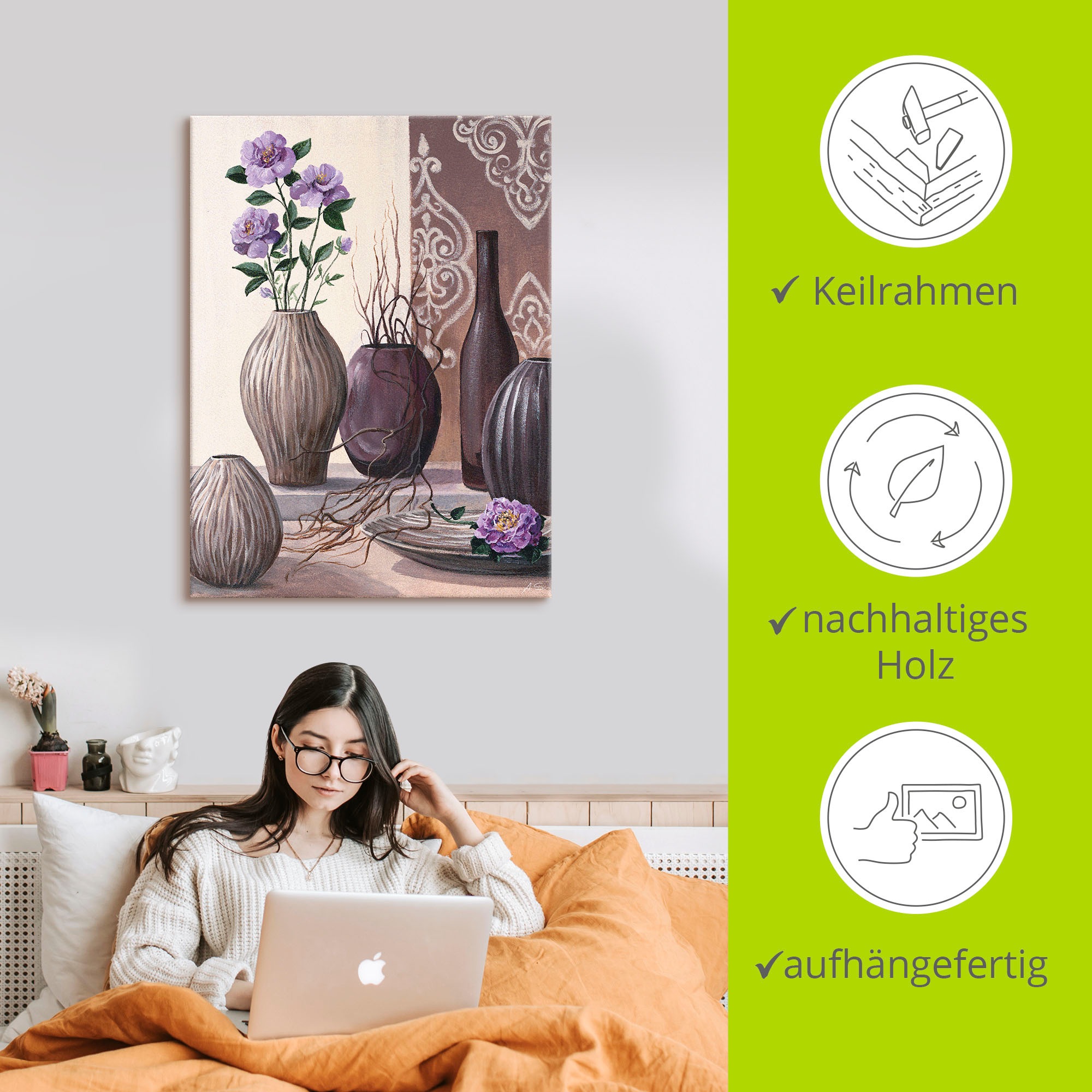 Artland Wandbild »Violette Rosen und braune Vasen«, Vasen & Töpfe, (1 St.), als Leinwandbild in verschied. Größen