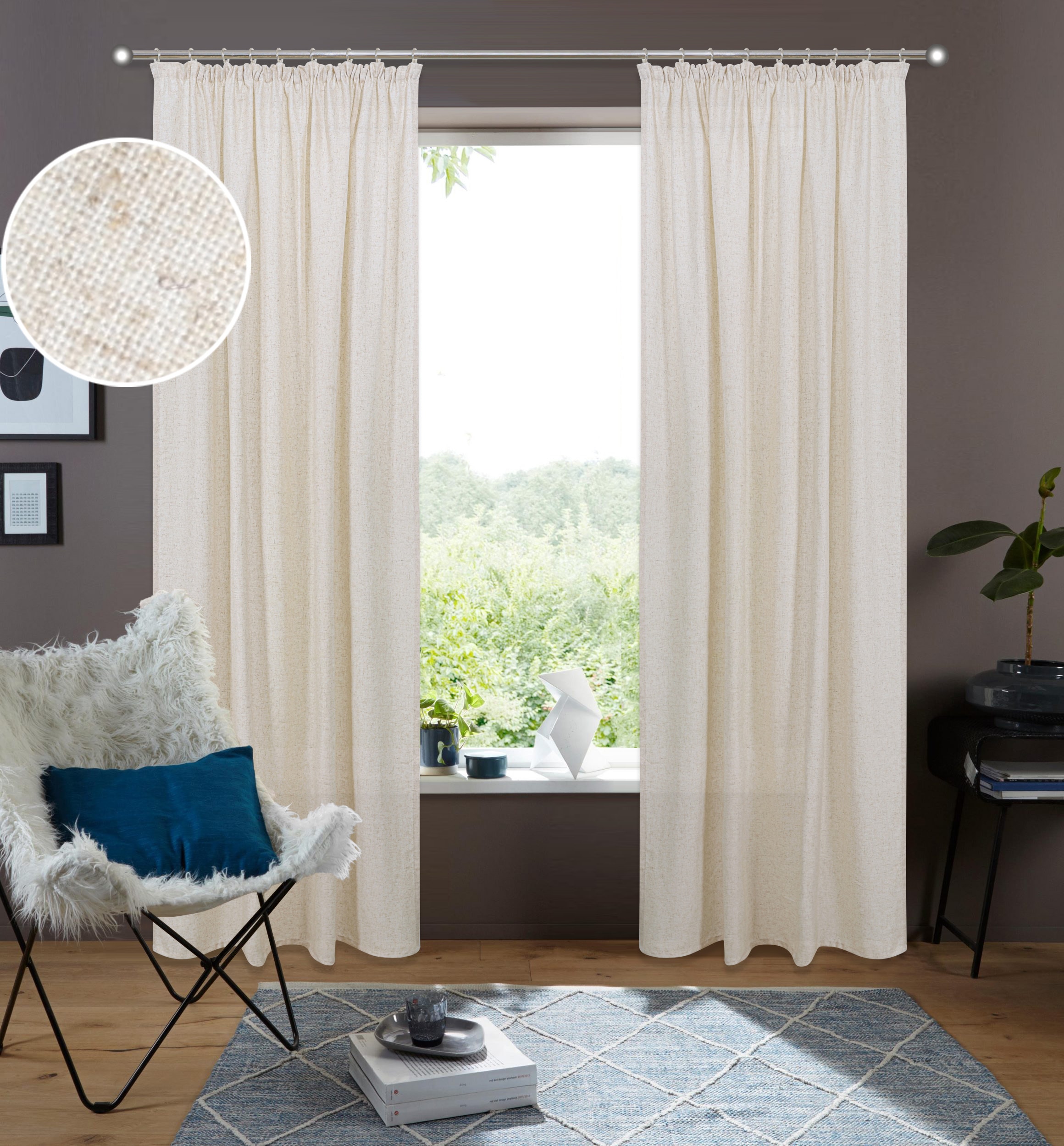 MY HOME Gardine »Rudy« Kräuselband 2 Stk. tlg. Halbtransparent, Leinenlook, Polyester-Leinen Mischung, 2-er Set sand Obermaterial: 86% Polyester,...