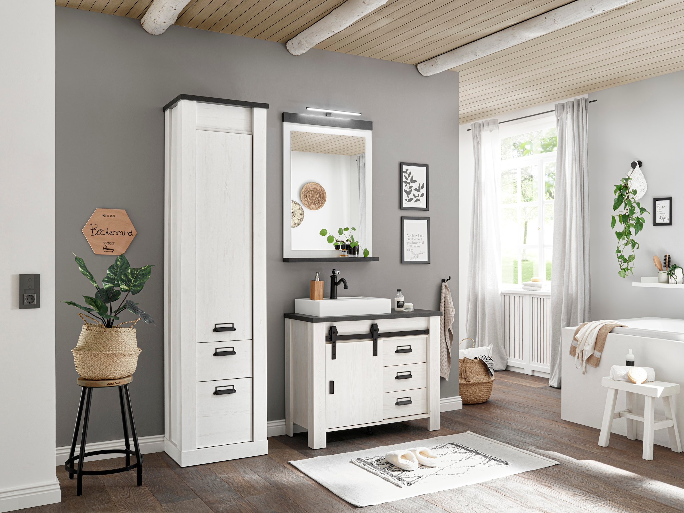 Home affaire Badmöbel-Set »SHERWOOD, Bad im modernen Design, 3-teiliges Badezimmer«, (3 St.), in 2 Farben verfügbar, Scheunentorbeschlag & Apothekergriff aus Metall