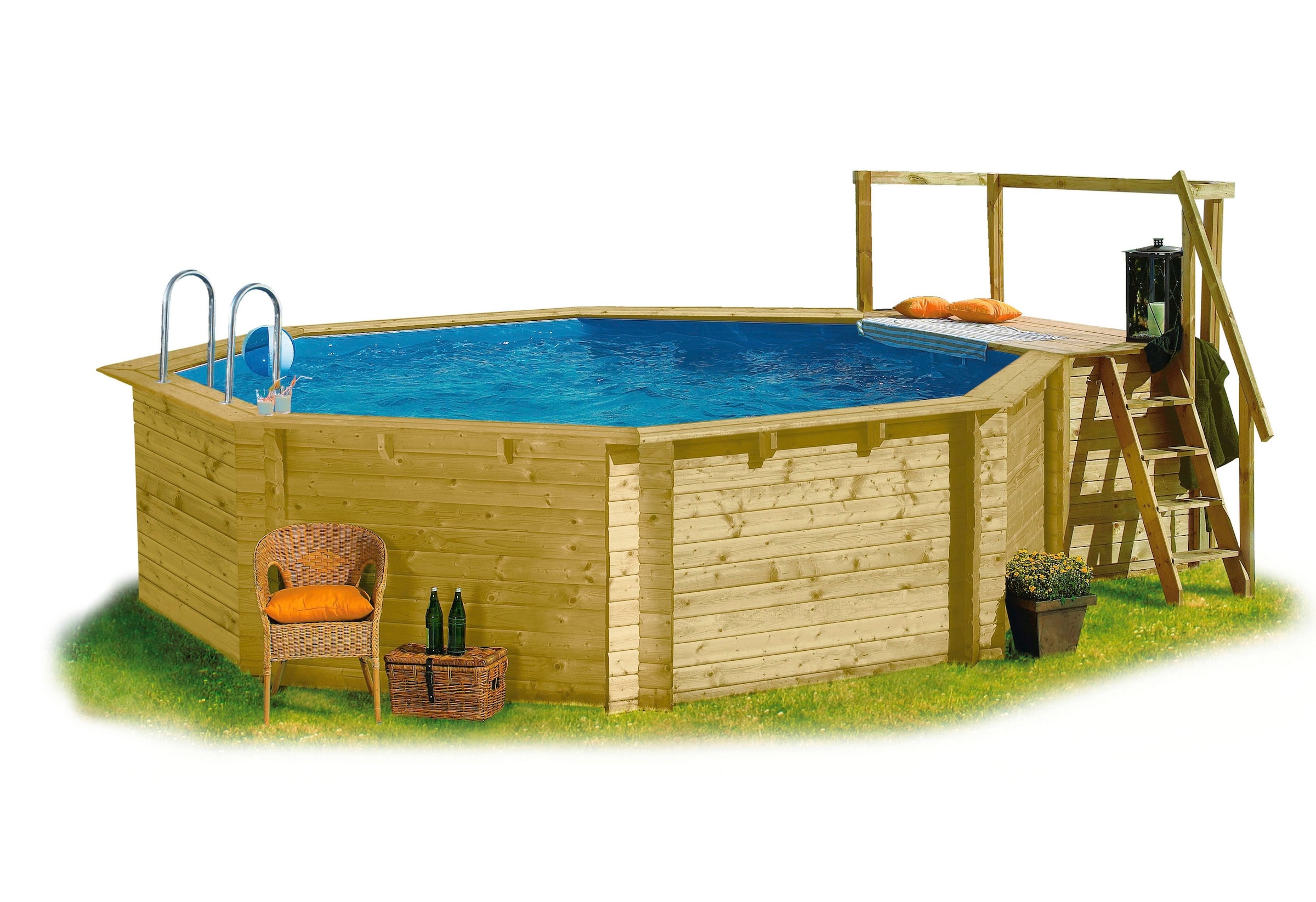 Karibu Achteckpool »PORTO Set B ØxH: 358x124 cm inkl. Zubehör« mit Technikraum unter dem Sonnendeck