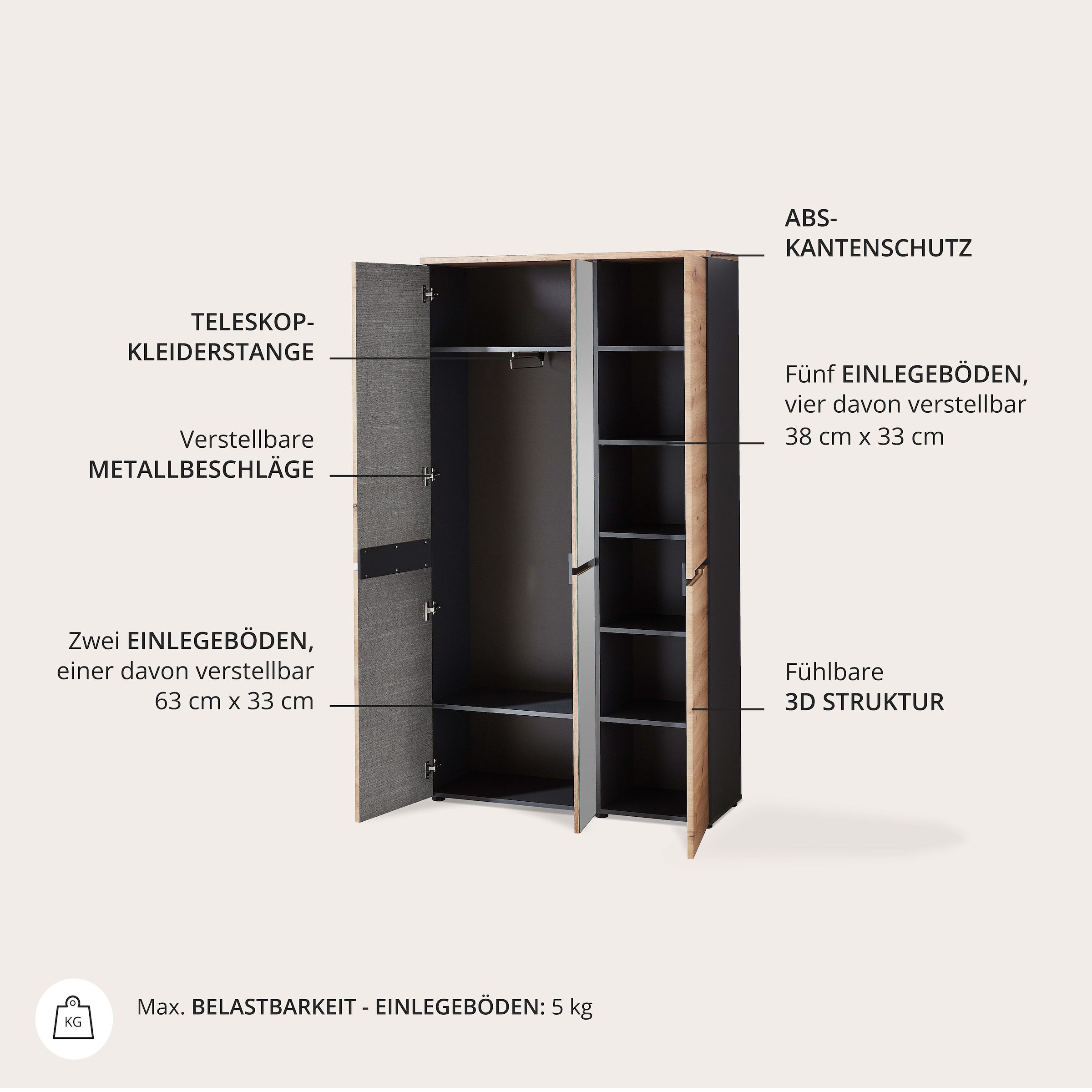 Innostyle Garderobenschrank »MEMPHIS, TOPSELLER!«, (), Artisan Eiche Optik, viel Stauraum