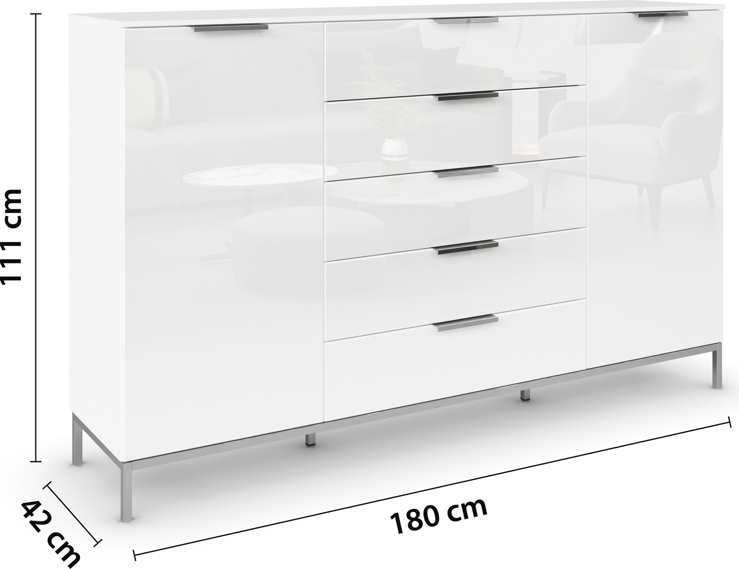 rauch Schubkastenkommode »Kommode Türkommode Sideboard Kombikommode FLIPP mit Glasfront«, (Breite 160/180 cm mit 4 Einlegeböden), 2-trg mit 5 Schubladen und Soft-Close-Funktion, Glasfront, 2 Breiten