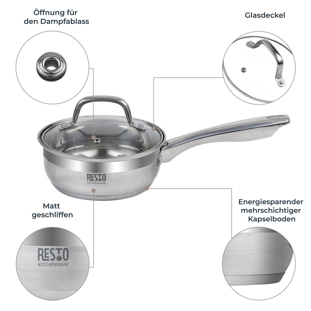 RESTO Kitchenware Kasserolle »Libra, Soßentopf 1,4 l, energiesparend und spülmaschinenfest«, Edelstahl 18/10, (2 tlg.), mit hitzebeständigem Glasdeckel und Griff