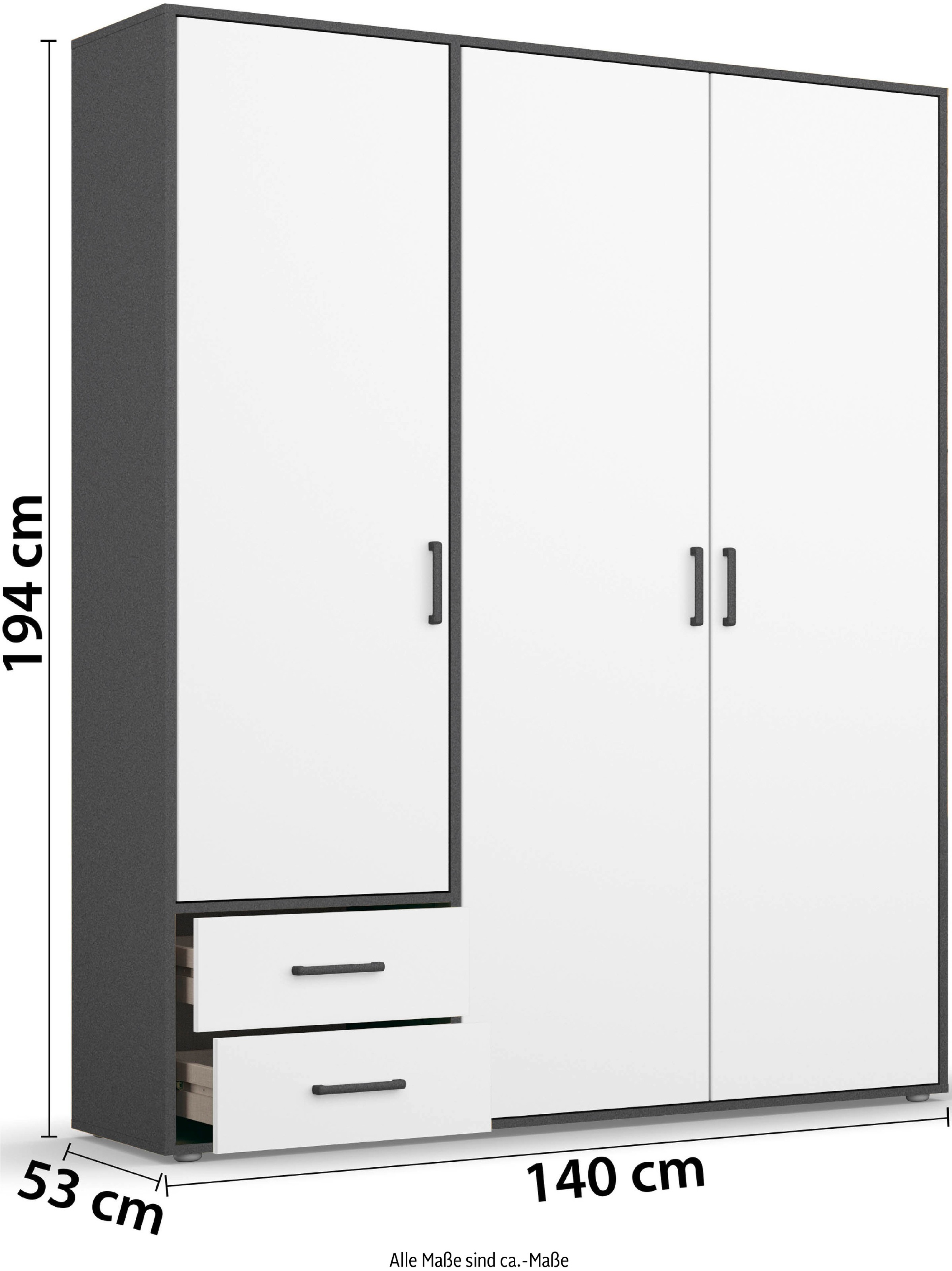 rauch Drehtürenschrank »Kleiderschrank Schrank Garderobe Wäscheschrank VOYAGER«, (in 3 verschiedenen Ausstattungen BASIC/CLASSIC/PREMIUM), moderne Griffe in Graumetallic mit Außenschubkästen MADE IN GERMANY