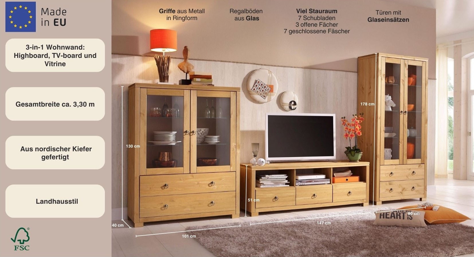Home affaire Wohnwand »Gotland«, (Set, 3 St.), bestehend aus 1 Highboard, 1 TV-Lowboard und 1 Vitrine