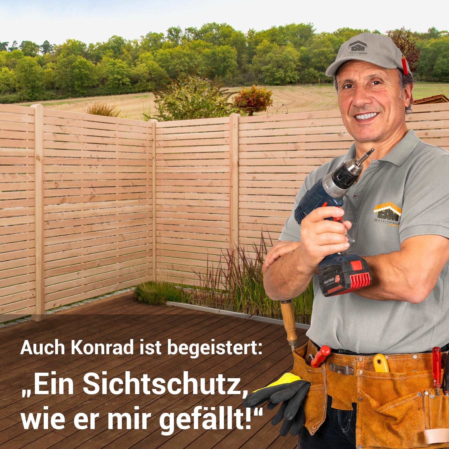 BM Massivholz Zaun »Kurt Set 1«, 1 Zaunelement 180 x 180cm, 2 Pfosten, Kopf gerundet, Länge 190cm